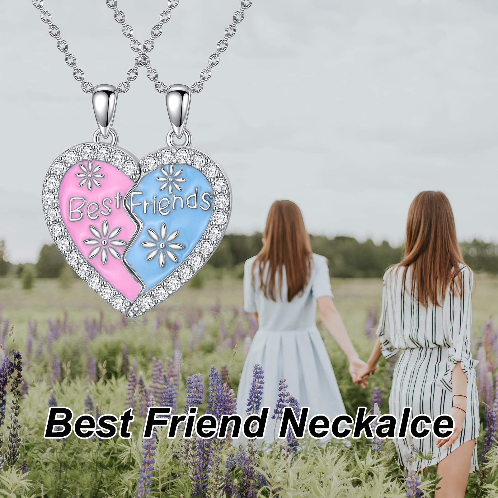 BFF-Halskette für 2, Sterlingsilber, passende Freundschaftsketten mit Herzanhänger, zierlicher Schmuck, Geschenke für die beste Freundin