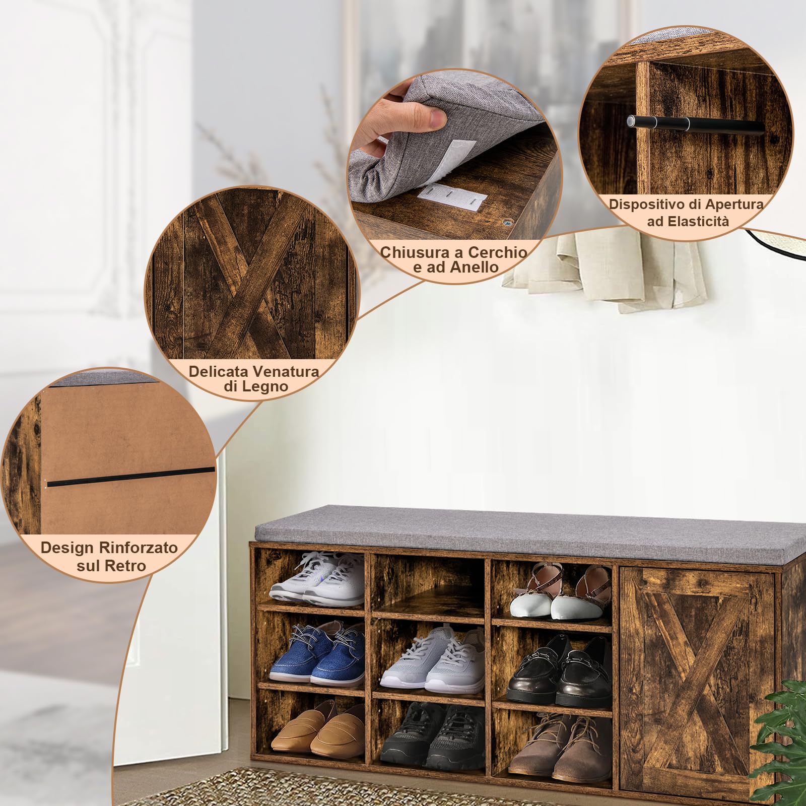 COSTWAY Panca Scarpiera da Ingresso, Scarpiera con Seduta Imbottito, 9 Scomparti e Armadio con Ante, Panca Contenitore con Ripiani Regolabili, per Camera da Letto Corridoio, 110,5x30x49 cm (Marrone)