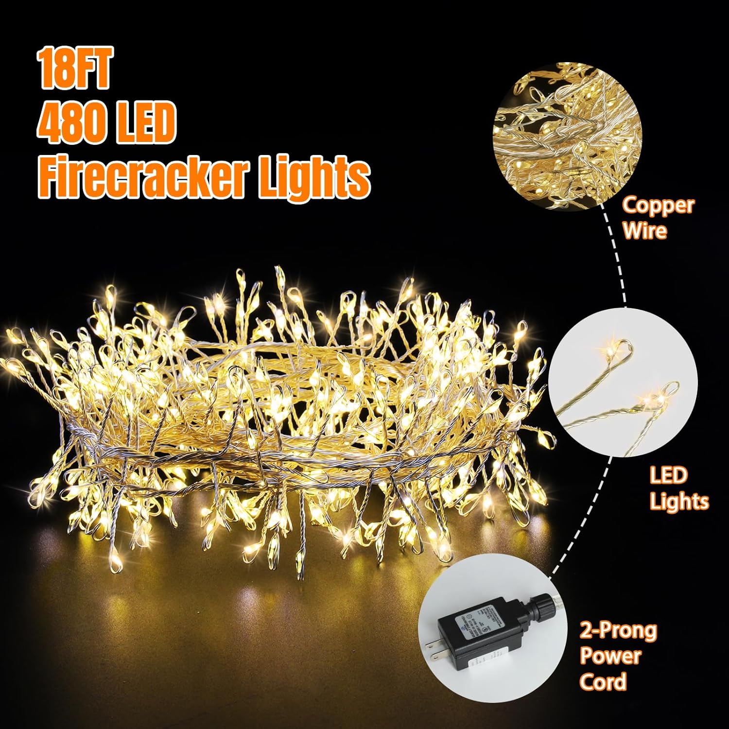 LAMPHOME Firecracker Lights with Remote,18 FT 480LED Cluster String Fairy Light Plug in, Waterproof Copper Wire Firefly Lights for Mantle Bedroom Window Wedding Christmas Tree Decoration, Warm White