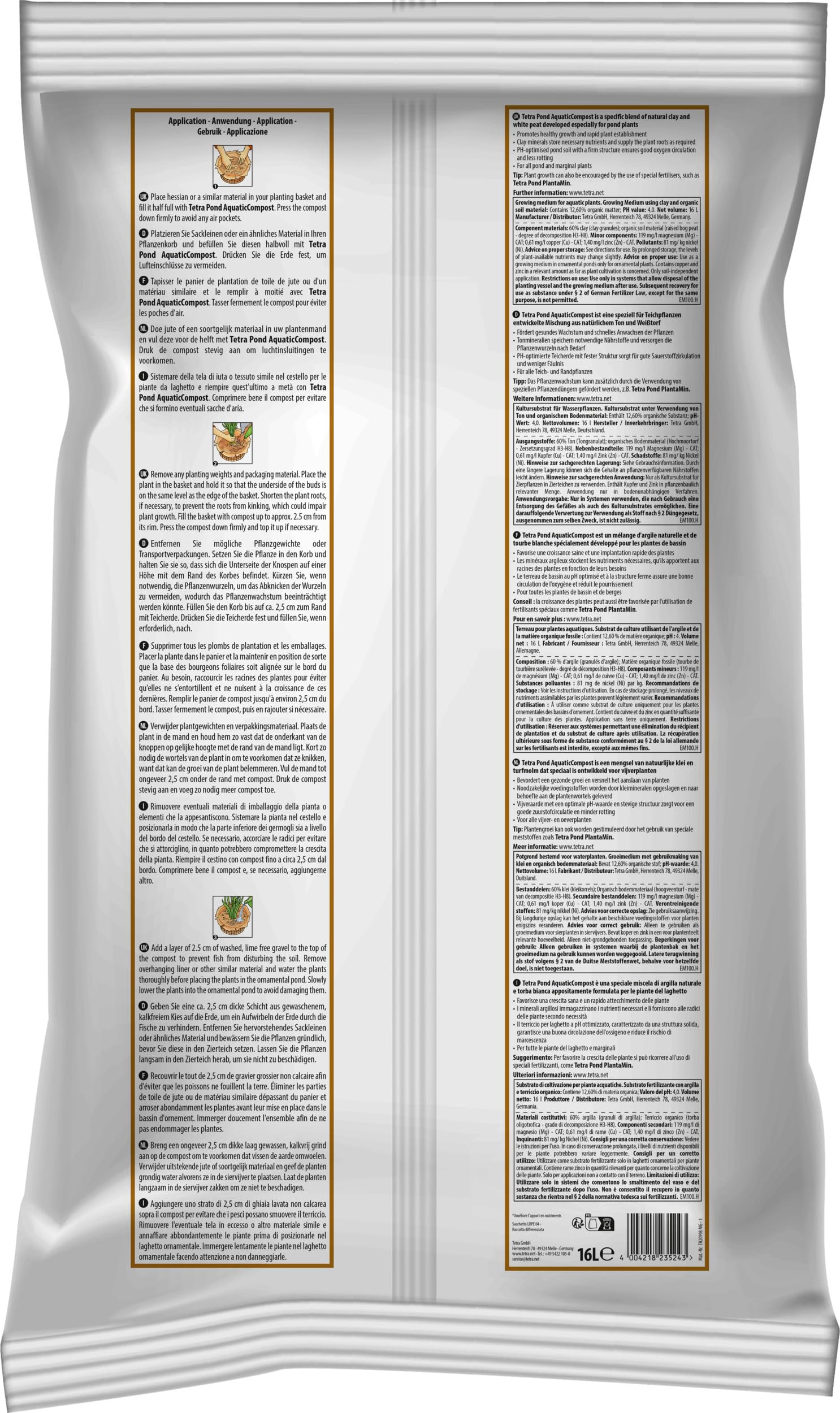 Tetra Pond AquaticCompost - Fertilizante, Tierra para Fondo de Cuenca - Nutrientes para Plantas de Estanque de jardín y Ornamento - Promueve el Crecimiento de Las Plantas - 16 L