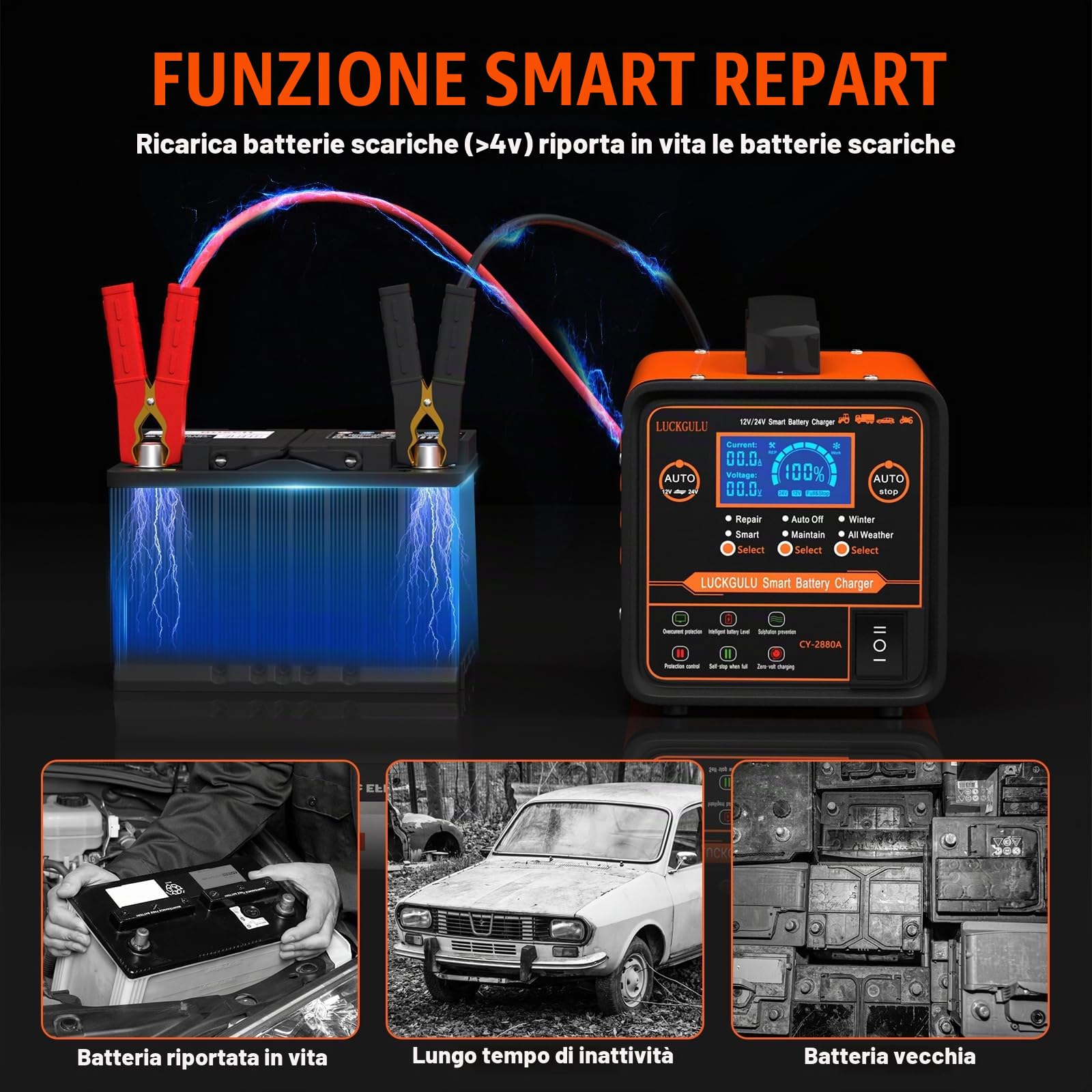 Caricabatterie Auto 12V/24V 20A Professionale, Caricatore e Mantenitore Automatico con Modalità Riparazione, Programma Invernale, Arresto Automatico,Ricarica Rapida per Auto,Camion,Moto,Camper