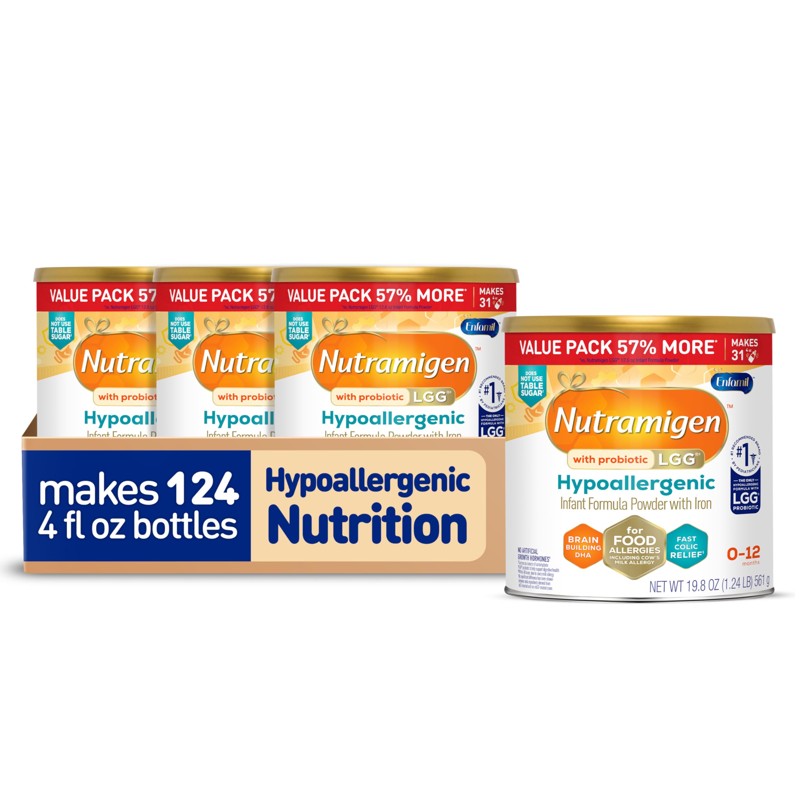 Nutramigen Hypoallergenic Baby Formula with Iron, Lactose Free, Colic Relief from Cow's Milk Allergy Starts in 24 Hours, Brain Building DHA, Probiotic LGG for Immune Support, 19.8 Oz, 4 Count
