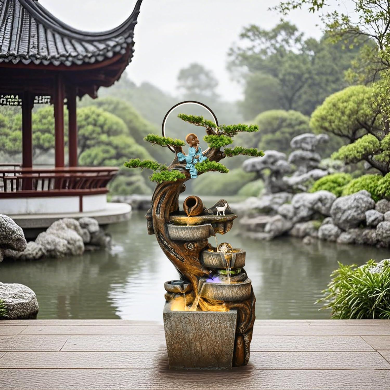 Zen Tree Indoor Water Fountain with Mist & LED – Resin Bonsai Design with Monk, Crystal Ball & Rotating Wheel, Multiple Sizes for Home Decor (Large)