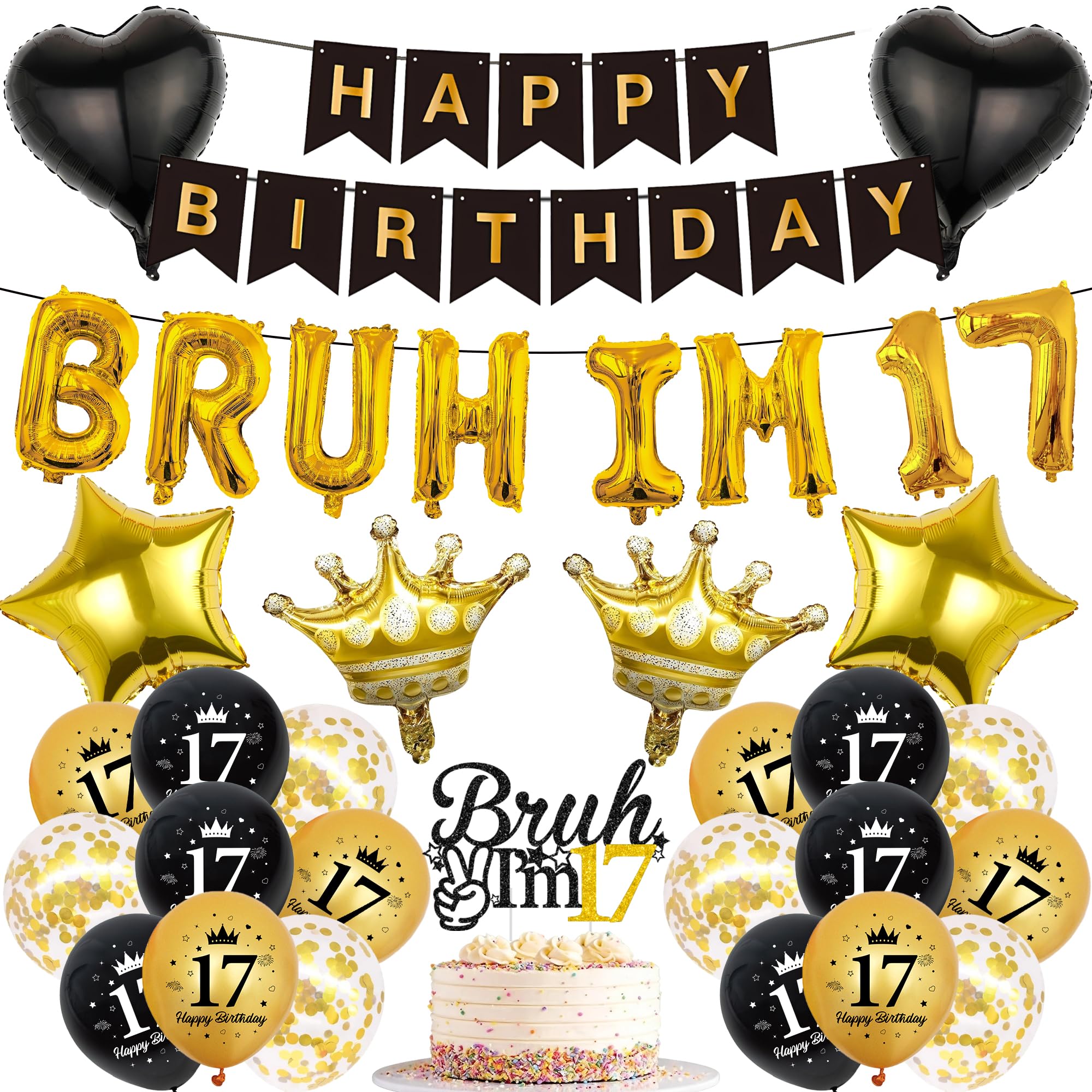 17th Birthday Decorations Boys Banners - 34 Pcs Black and Gold Happy Birthday Banner Bruh I'M 17 Star Heart Crown Foil Balloons Cake Topper Sequin Balloons for 17 Years Old Boy Party Decor Supplie