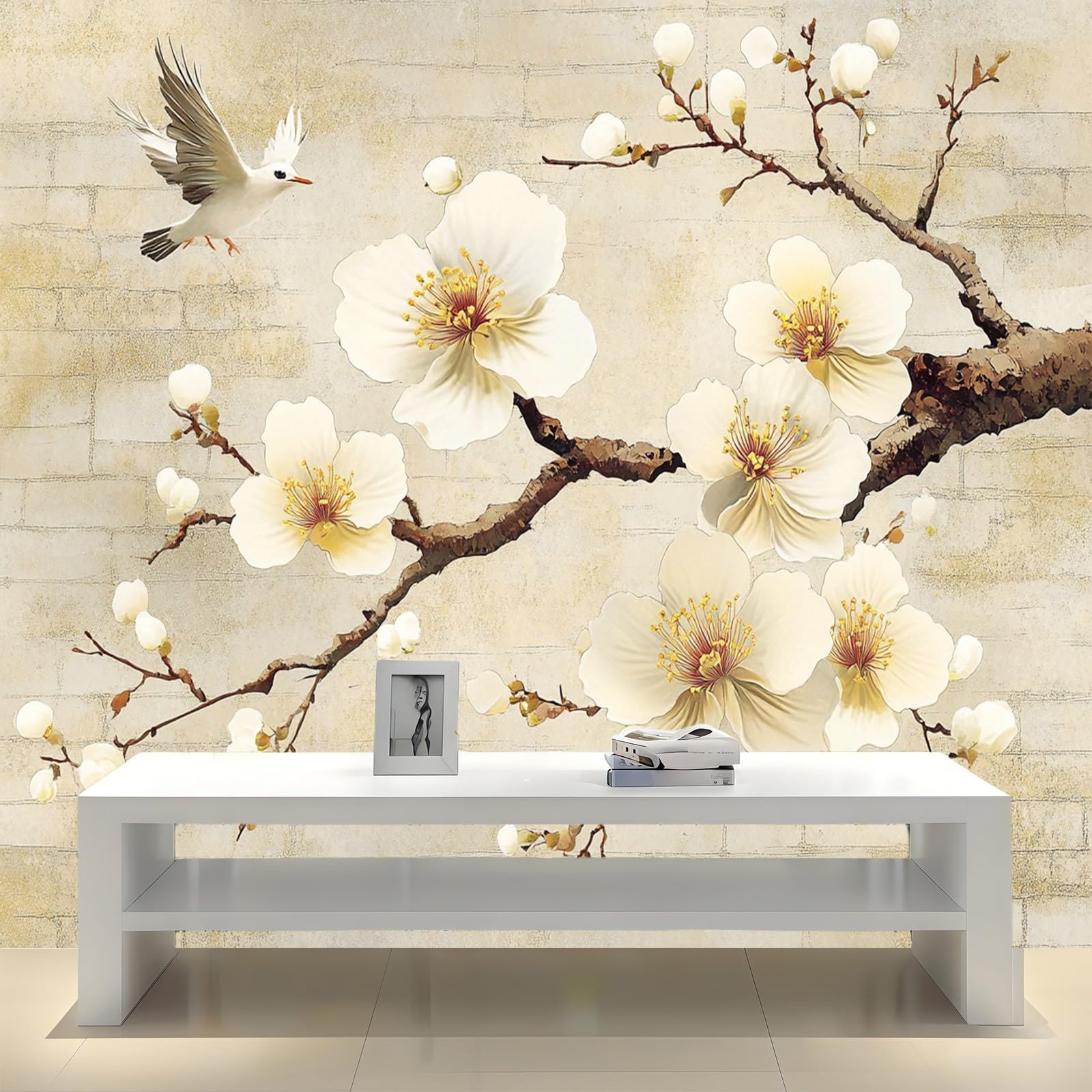 Carta da Parati Fiori astratti su muro di mattoni300 x 210 cm Fotomurale TNT Beige chiaro Decorazione Parete Moderna per Soggiorno Camera da Letto