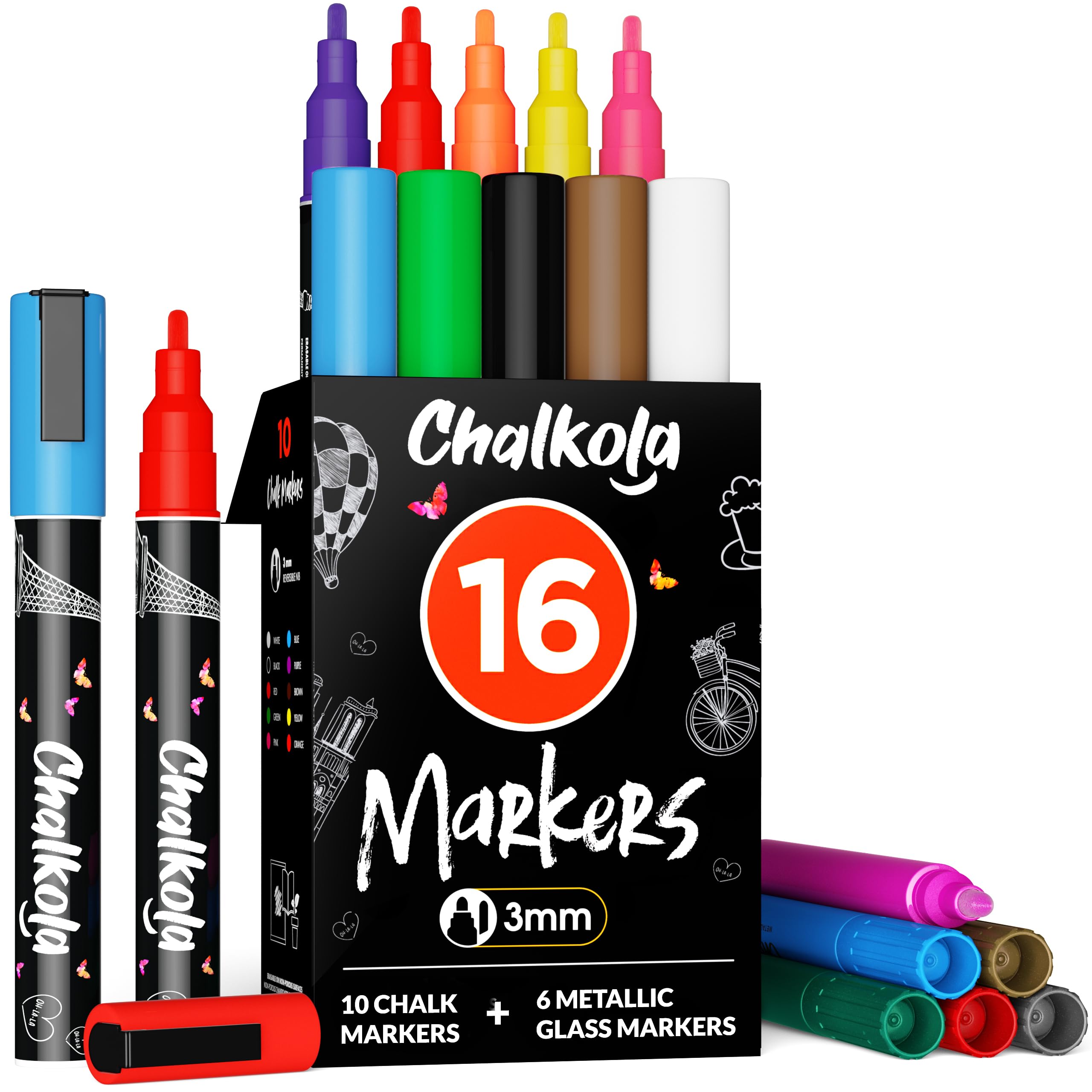 Chalkola Fine Tip Chalk Markers for Blackboard & Glass (Pack of 16, 3mm Reversible Tip) | Washable Window Marker, Liquid Chalk Pens for Wall Calendar