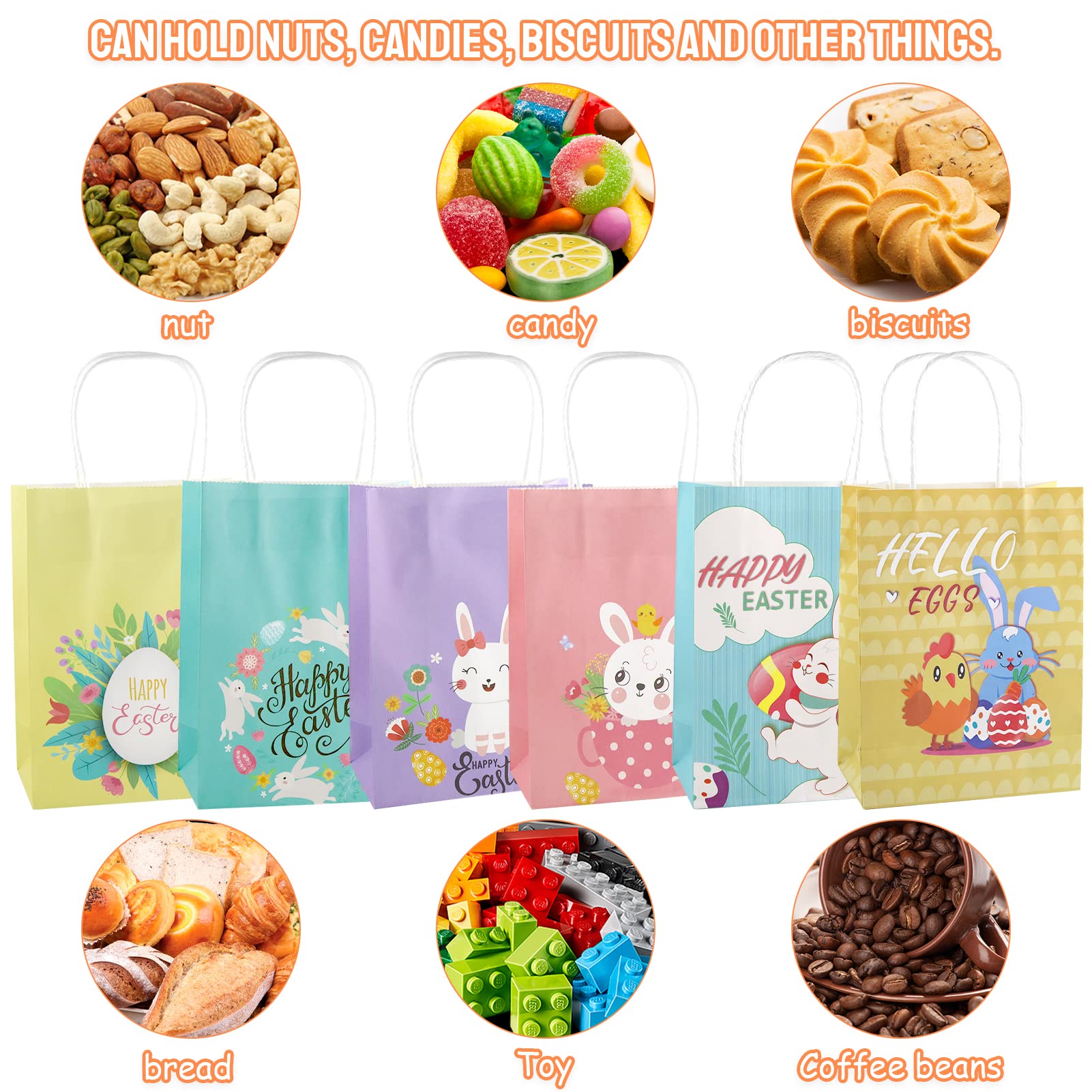 12 Sacchetti Regalo Di Pasqua In Carta Con Manici, 16x8x21 Cm, Coniglietti E Uova, Per Caramelle E Cioccolato