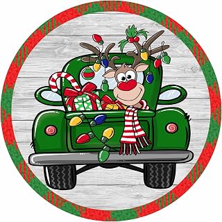 Green Truck Rudolph Candy Christmas Lights Rustic Wreath Aluminum Sign Poster Wall Decoration Home Porch round signs for home decor Novelty Funny Kitchen Iron Painting Tin Signs 8x8 Inch