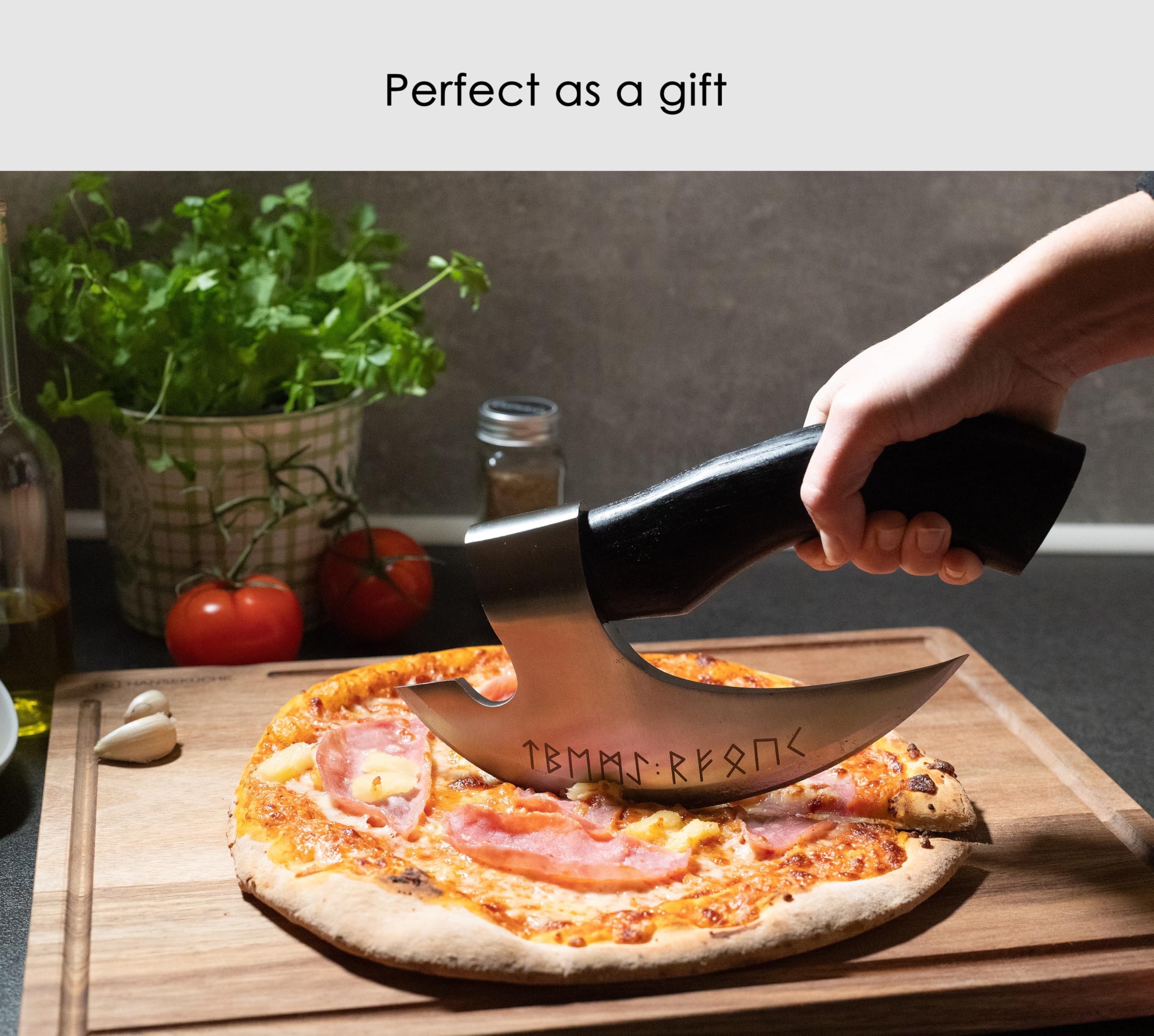 Hanseküche Nóż do pizzy – nóż do pizzy z runami Wikingów i ochroną skóry – nóż do pizzy, ziół, noży, paska, prezent (czarny)