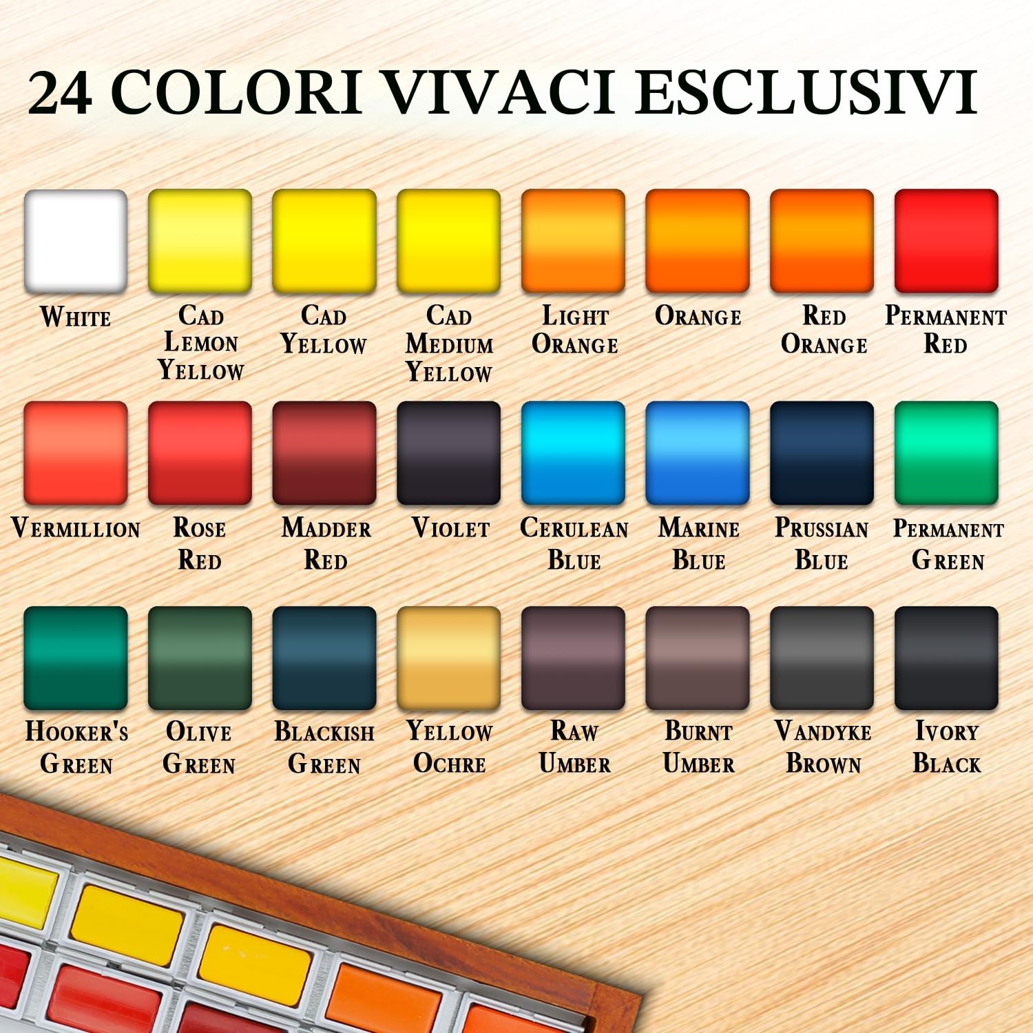 Pinturale Set Acquerelli Professionali | Kit Acquerello Premium con 24 Colori Grandi + Scatole Di Legno + Panno | Acquarelli Professionali Per Artisti
