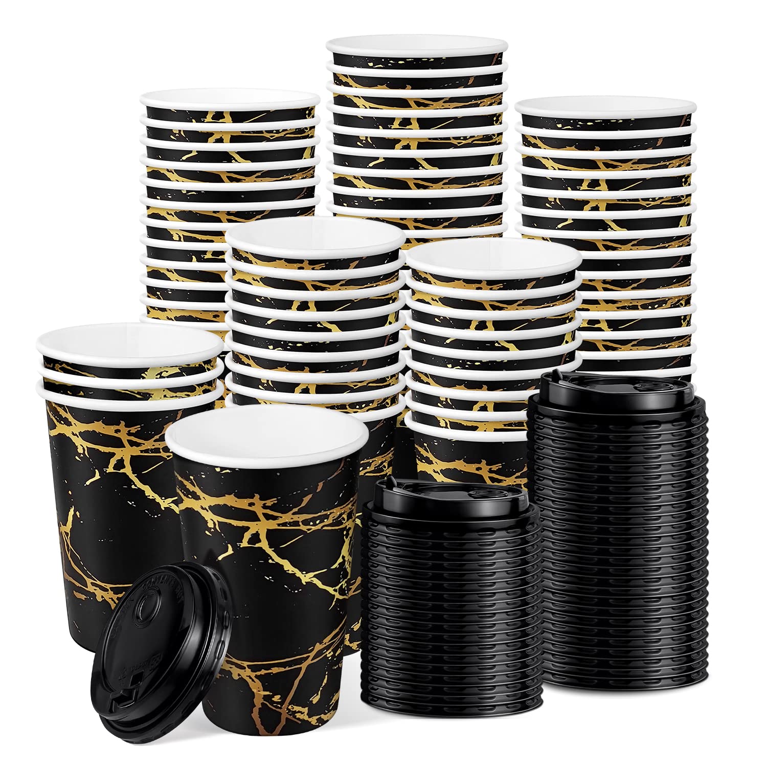 70 Sets Golden Marble Pattern Design Disposable Coffee Cups with Lids, Black To Go Paper Cups, Recyclable, Durable Paper（Black）