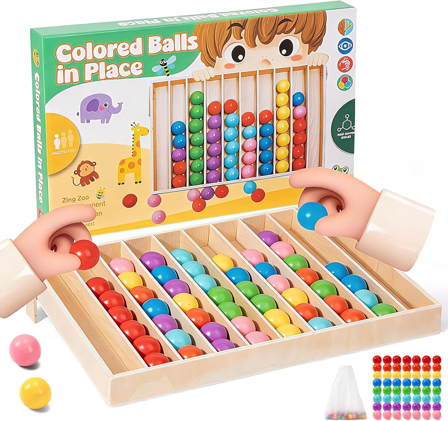 56 PCS Wooden Color Sorting Balls Toy with Storage Box, Puzzle Colorful Ball Sorting Game, Rainbow Sensory Color Matching & Return Game for Kids Ages 3+