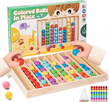 56 PCS Wooden Color Sorting Balls Toy with Storage Box, Puzzle Colorful Ball Sorting Game, Rainbow Sensory Color Matching & Return Game for Kids Ages 3+