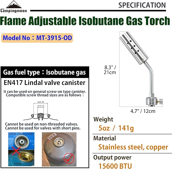 CAMPINGMOON Kitchen Cooking Torch Grill Torch Charcoal Starter with Flame Control Valve for BBQ Campfire Fireplace MT-3915 (Gas Fuel Not Included) (Isobutane Torch (MT-3915-OD))