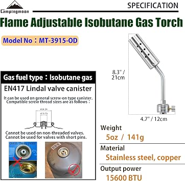 CAMPINGMOON Kitchen Cooking Torch Grill Torch Charcoal Starter with Flame Control Valve for BBQ Campfire Fireplace MT-3915 (Gas Fuel Not Included) (Isobutane Torch (MT-3915-OD))