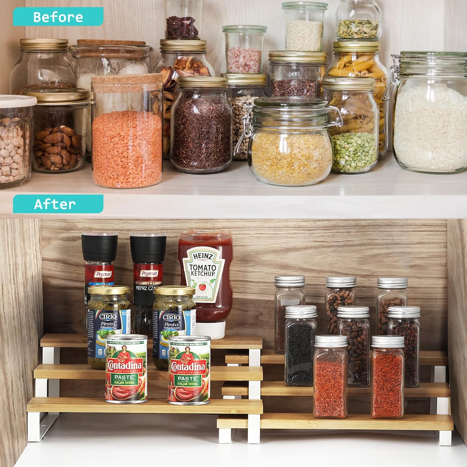 MOOACE Spice Rack Organizer for Cabinet, 3 Tier Expandable Seasoning Shelf Spice Storage Holder, Organizer for Kitchen Cabinet, Pantry or Countertop, Set of 2, White and Natural