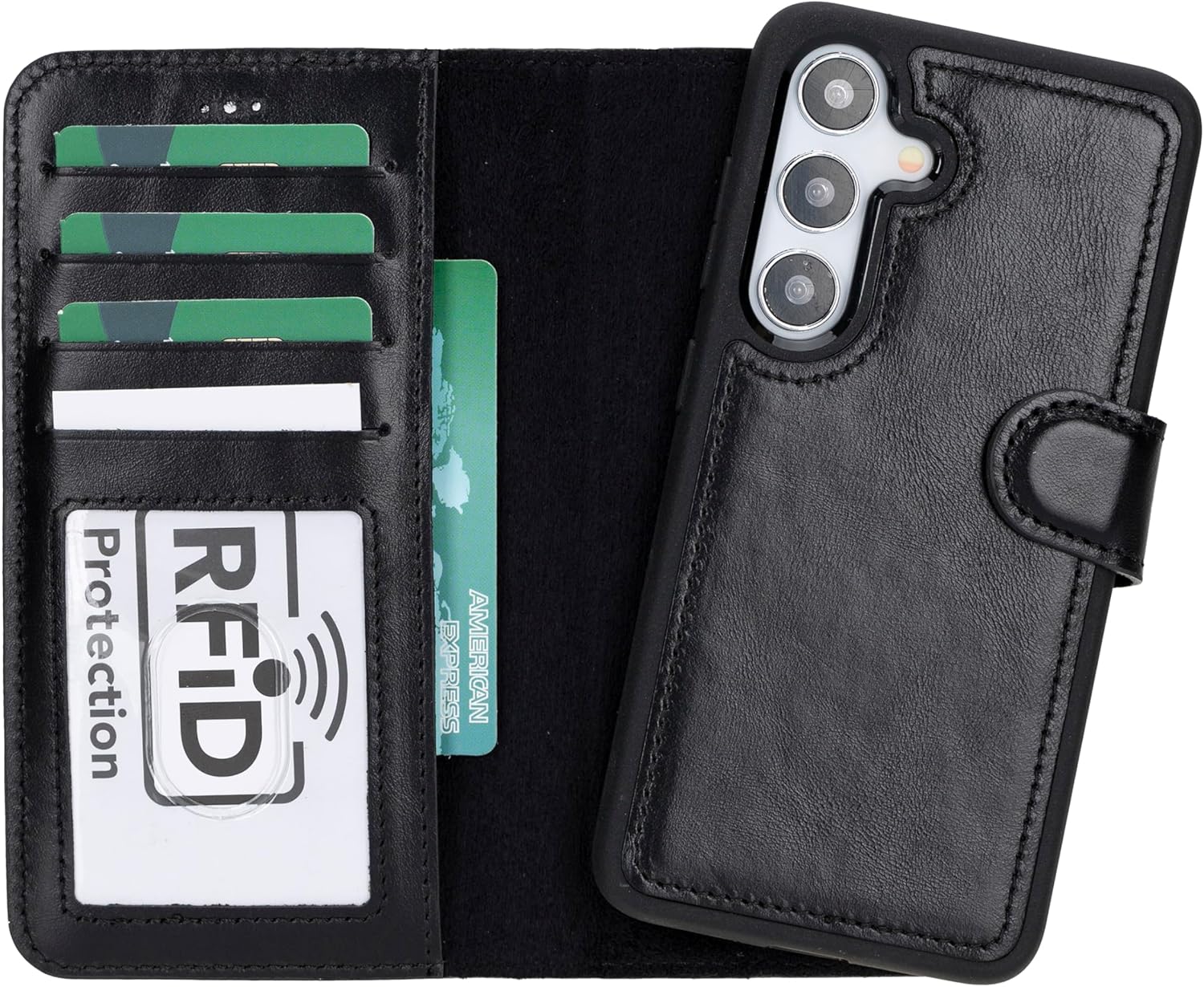 Premium Genuine Leather Case for Samsung Galaxy S25+ Plus - RFID Protection, 4 Card Slots, Cash Holder, Wireless Charging Compatible, 360° Protection, Built-in Stand, Magnetic Closure (Rustic Black)