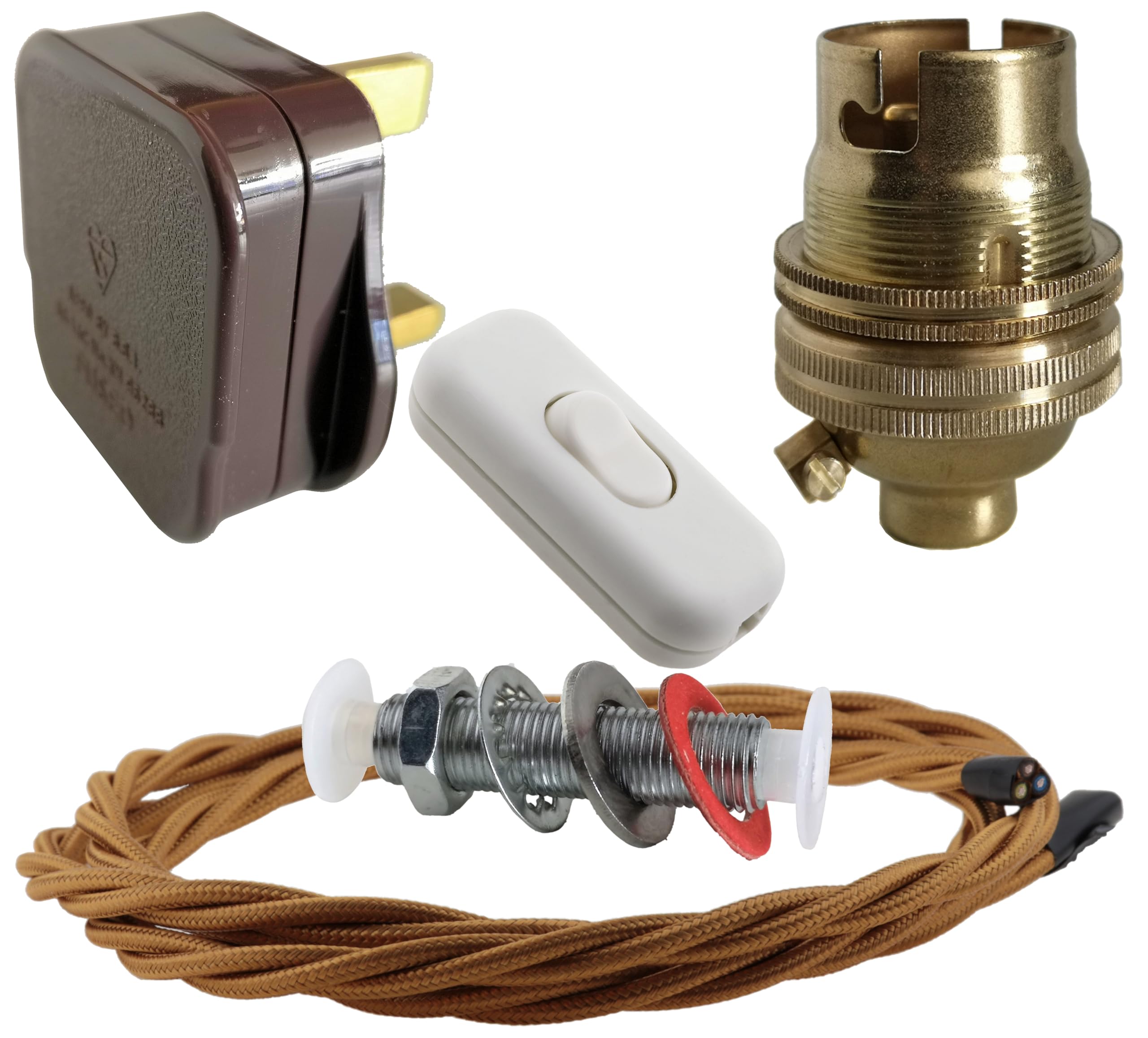 Art Deco Emporium Lamp Repair and Service Kit | Brown Plug | Antique Gold Flex | White Switch | B22 Brass Lamp Holder