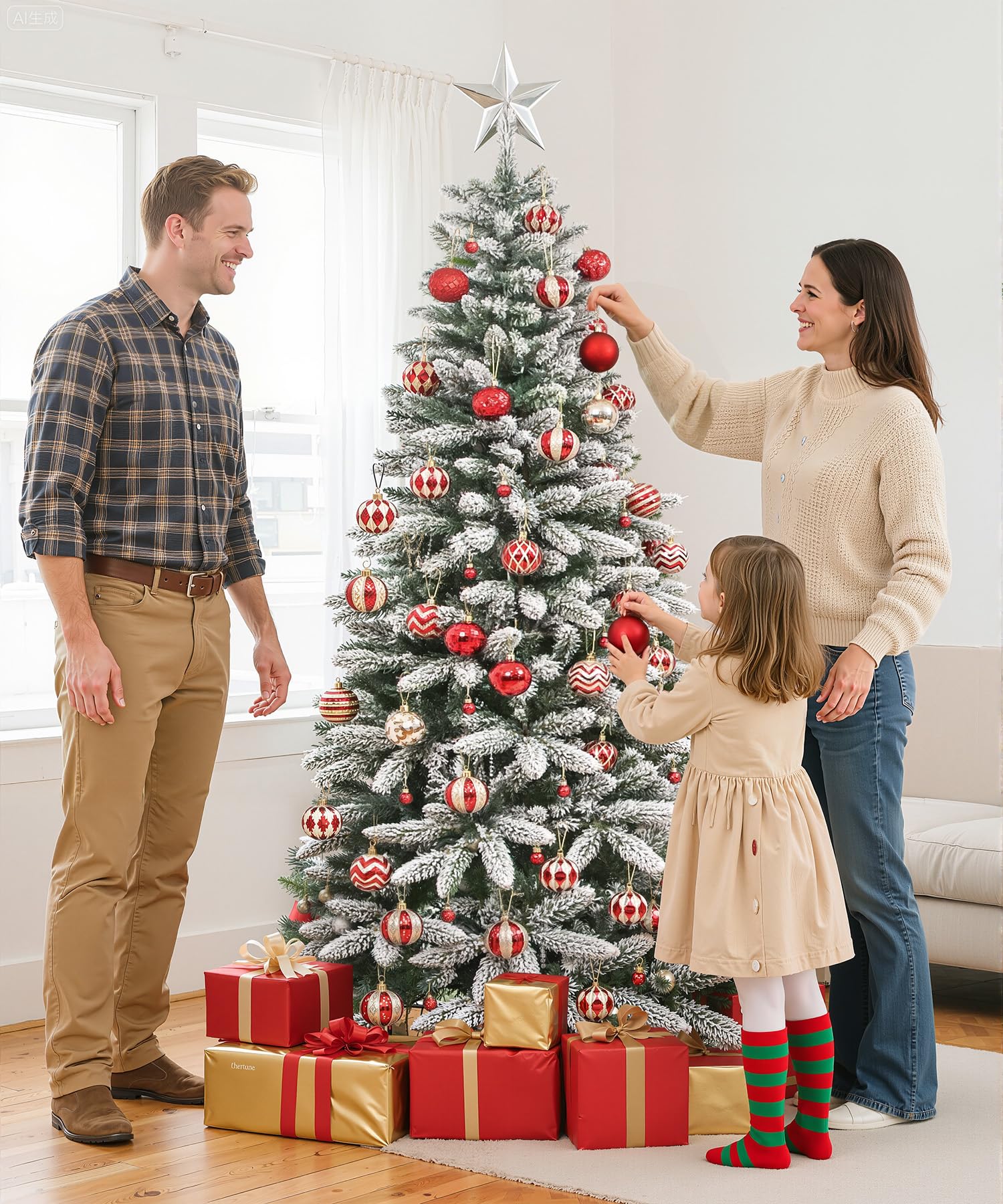 Yorbay Albero di Natale Slim, con Luci LED e Fiocchi di Neve, Supporto in Metallo, Albero Natalizio Artificiale Innvevato, per Decorazioni Natalizie (210cm)