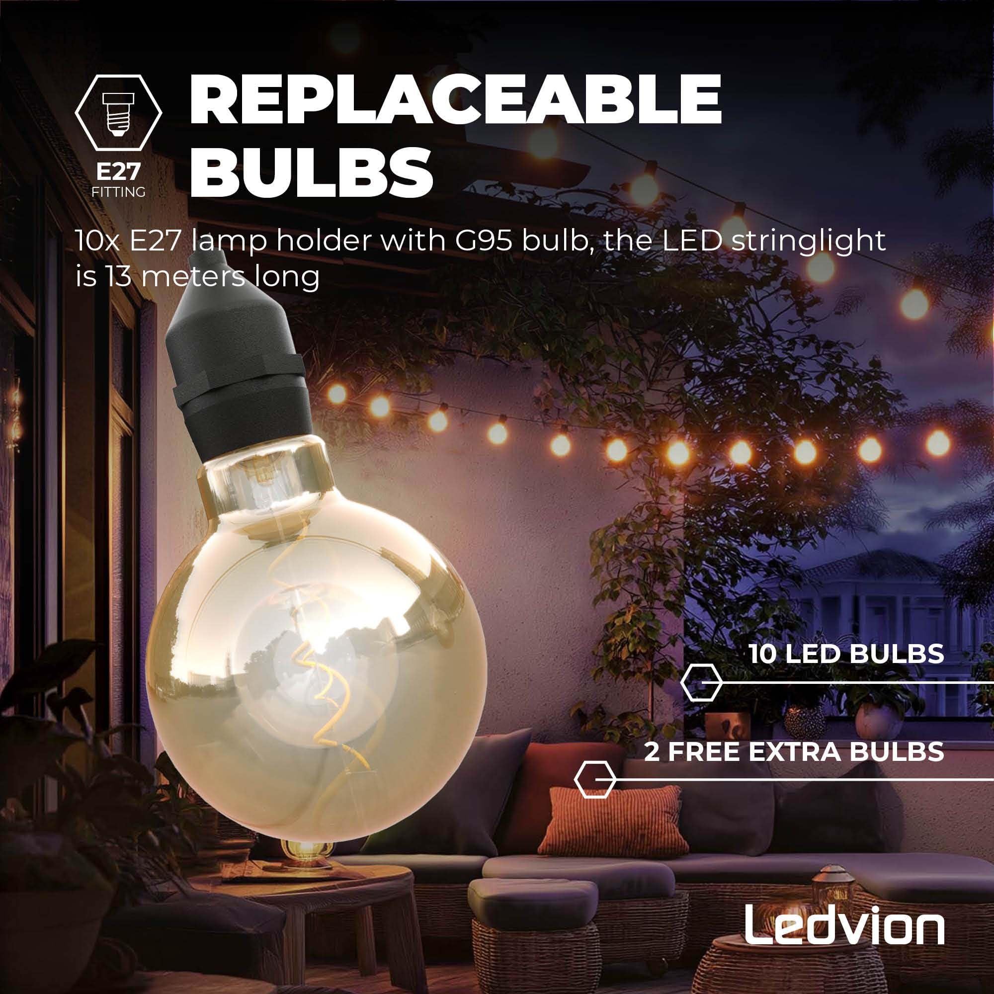 Ledvion - Guirlande LED 10M + 3M Câble d'Extension, Incl. 10 Ampoules LED E27, IP44, Connectable, Économique