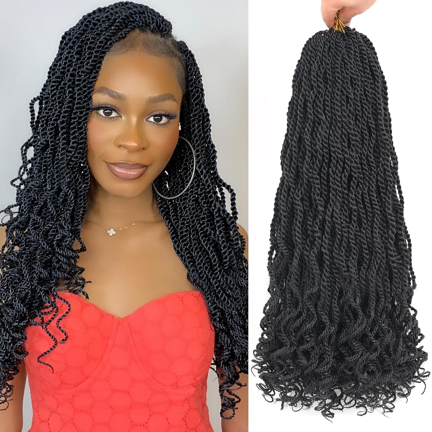 Mscat 18 Inch Wavy Senegalese Twist With Curly Ends, 8 Packs Pre-Looped Passion Crochet Hair