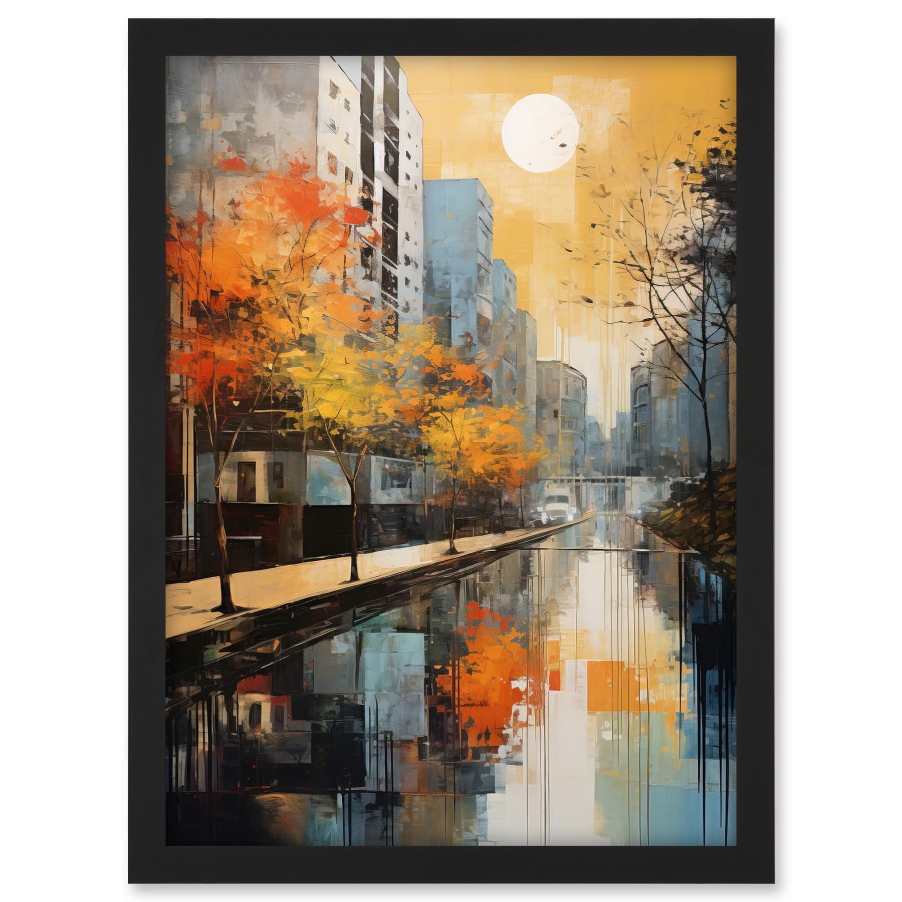 Artery8 Cityscape River Canal Oil Painting Blue Orange Trees Autumn in the City Artwork Framed A3 Wall Art Print