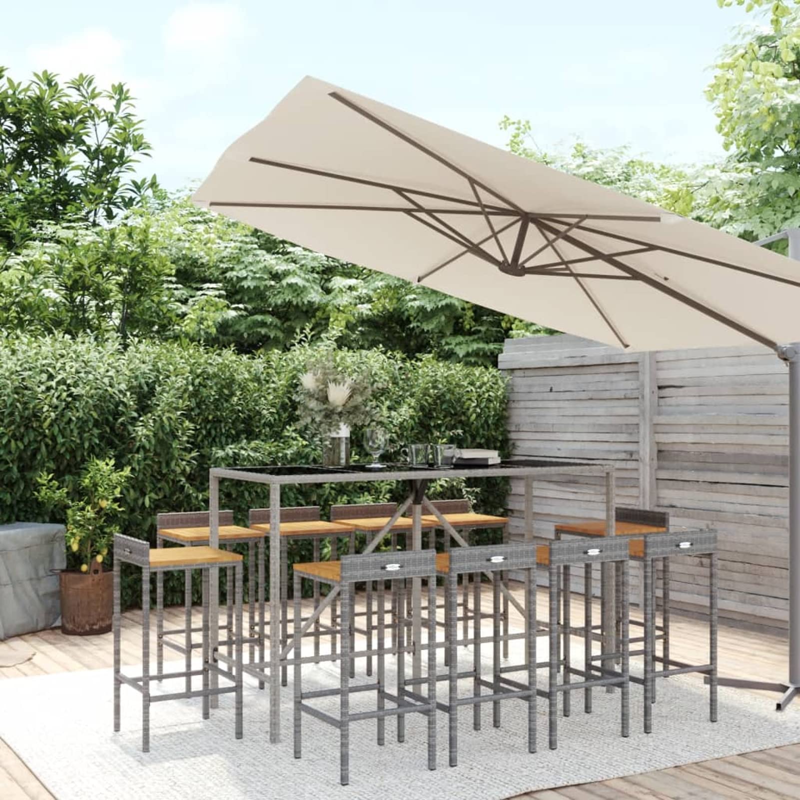 Juego de bar de jardín de 11 piezas, ratán sintético gris y madera maciza de acacia, juego de comedor de jardín, juego de muebles de exterior, mesa y sillas de jardín, terraza para patio y bistró 11