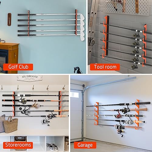 Miniatura 9 de ZEAKOC Soportes para caña de pescar para garaje, soporte de caña de pescar de metal recubierto de goma, soporte de pared horizontal o soporte para