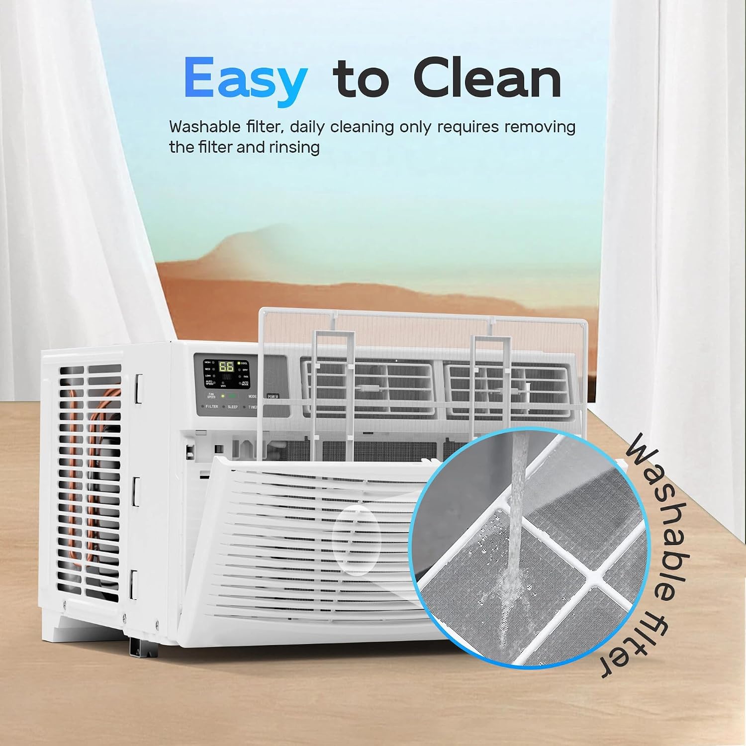 Image showing the PHILODECO 8000BTU Window Air Conditioner operating quietly at 55dB, with a 24-hour timer function, while a person sleeps peacefully in a bedroom.