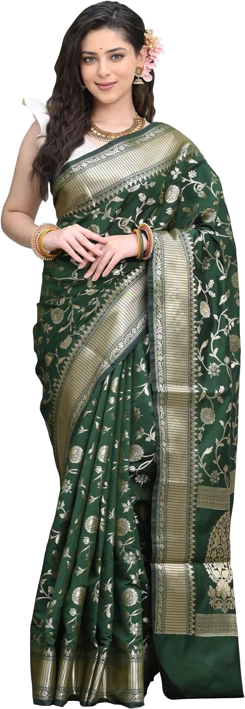 Sugathari Banarasi Saree Silk Kanjivaram Pure Women Design Wear Pattu Saree Party Saree with Blouse for Wedding Saree (SAN PARI-182 Dark Green)