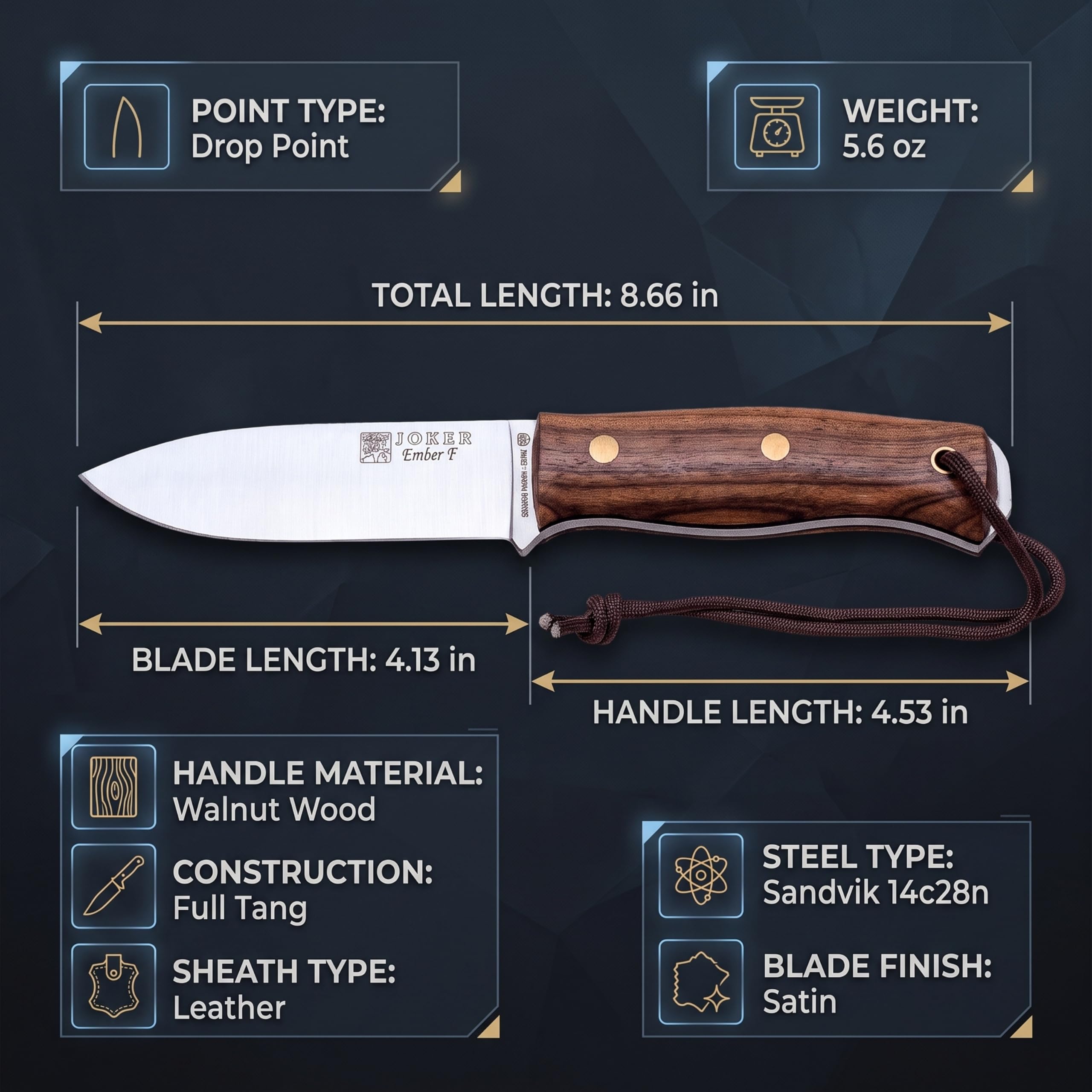 joker Bushcraft Ember F CN123, orzech mango, skórzana pochwa, ostrze 10,5 cm, 2 metry paracordu, do wędkowania, polowania, biwakowania i trekkingu