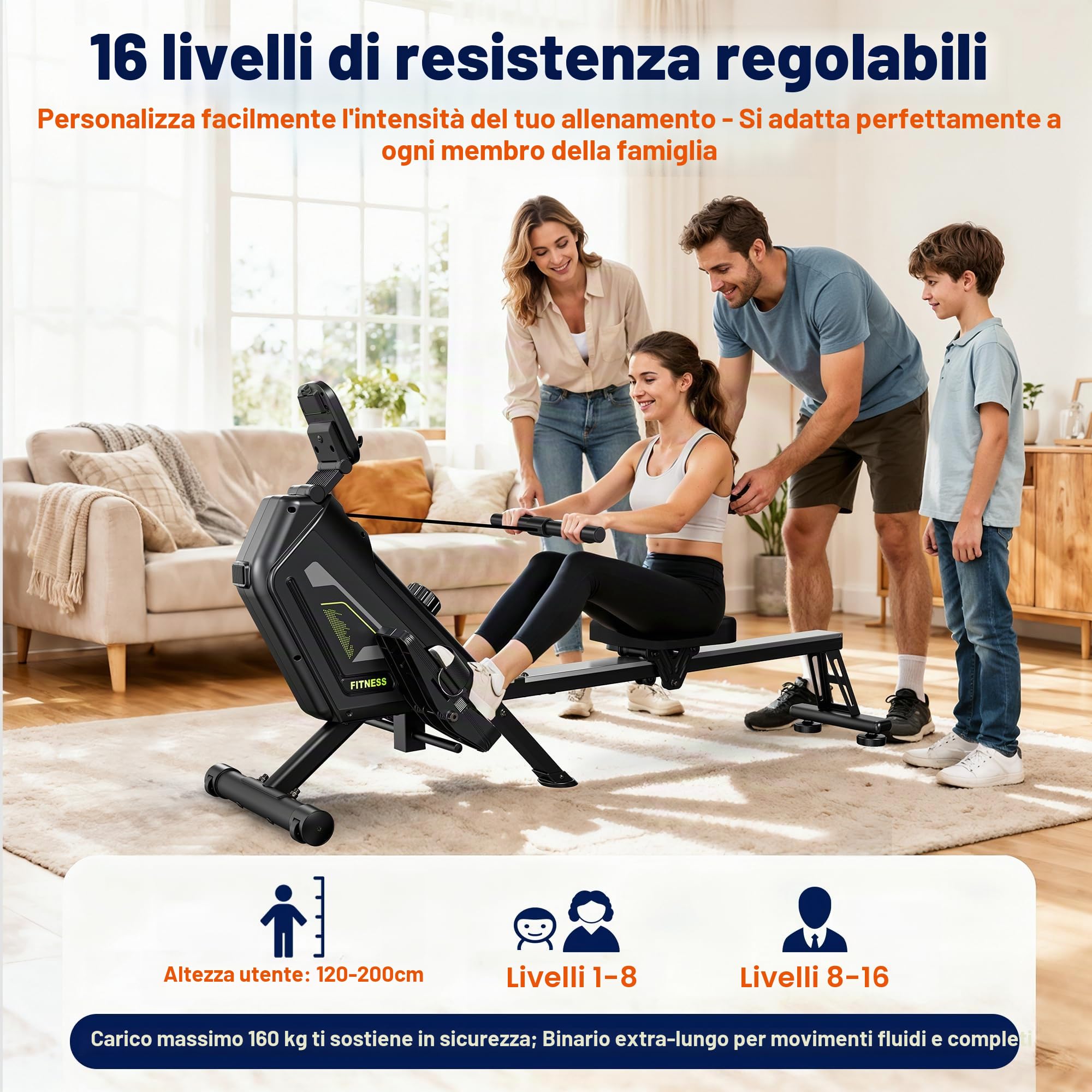 Vogatore domestico - 16 livelli di resistenza, vogatore magnetico silenzioso con app, portata 160 kg, facile da montare, compatto e salvaspazio