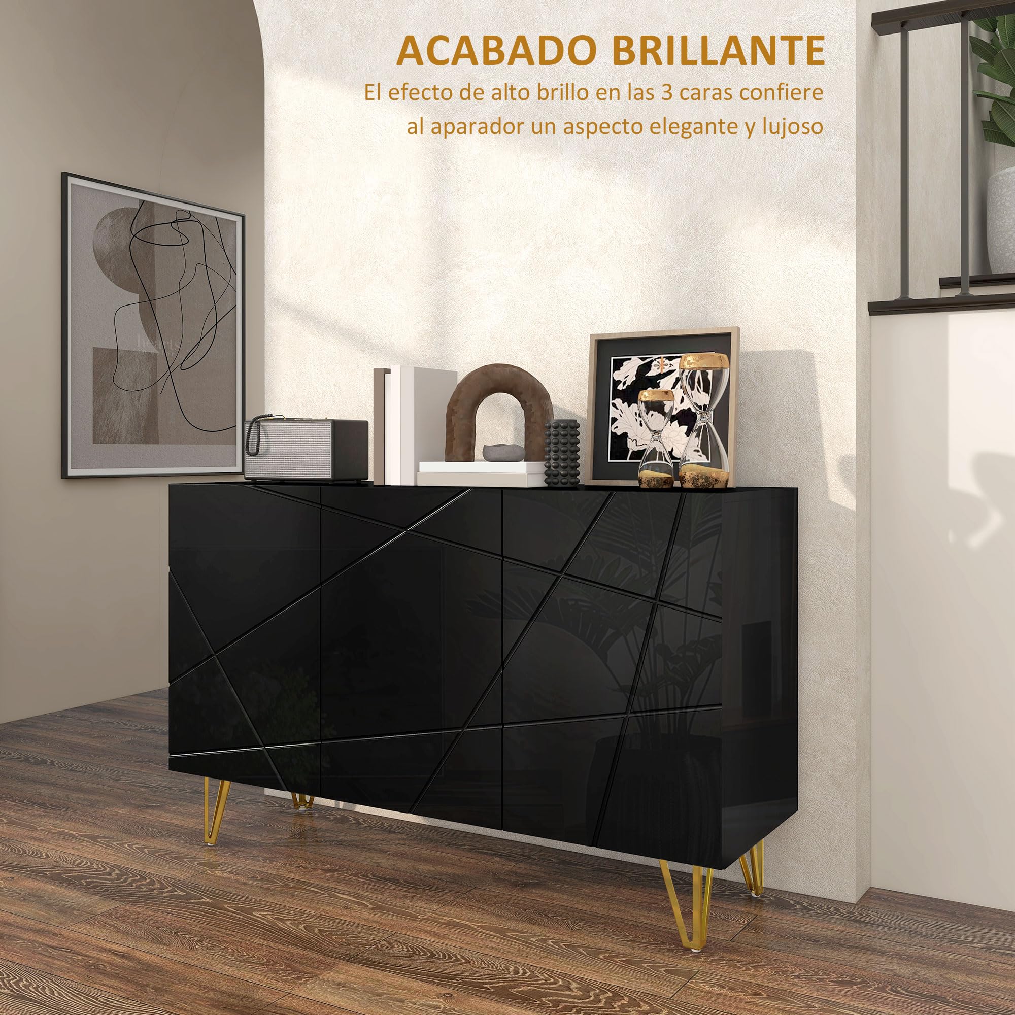 HOMCOM Aparador para Salón Aparador de Entrada con 3 Puertas y Estantes Ajustables Armario de Almacenamiento para Cocina Sala 120x40x75 cm Negro Brillo