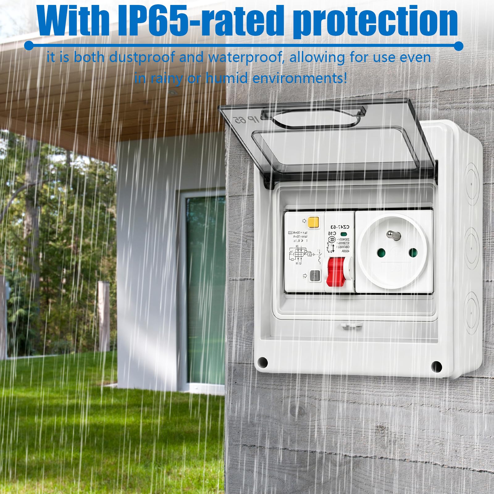 Scatola presa, con interruttore differenziale (FI), presa Schuko, 16A 250V, montaggio a parete e a superficie, distribuzione elettrica sicura per uso domestico e piccoli spazi esterni