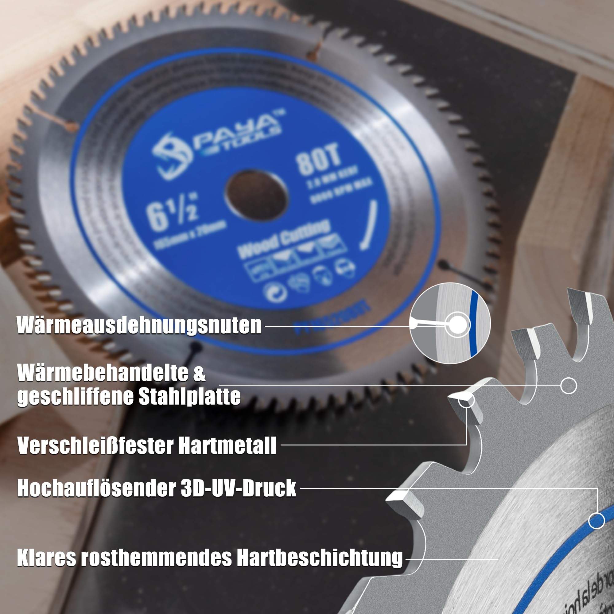 PAYA TCT Kreissägeblatt Ø 165 mm x 20 mm 80 Zähne Kreissäge Zubehör Sägen Heimwerken Schneiden Brennholz Für Paletten, Holz etc. PY1652080T TÜV Rheinland Tested and Certified