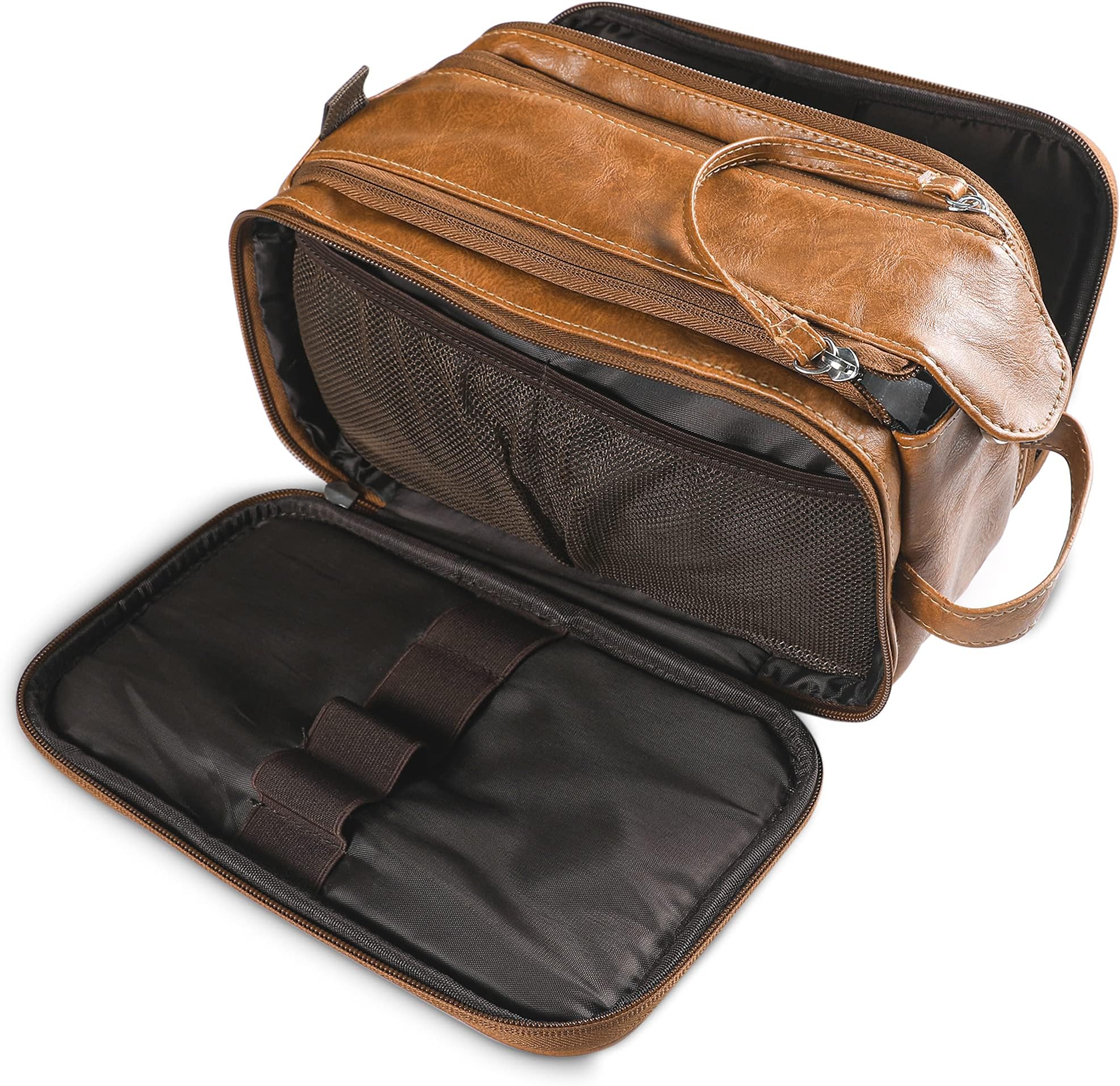 Frebeauty Toiletry Bag for Mens Large Dopp Kit Double zipper Travel Shaving Bag Synthetic Leather Cosmetic Bag Toiletries Accessories Organizer for Suitcase(Brown)