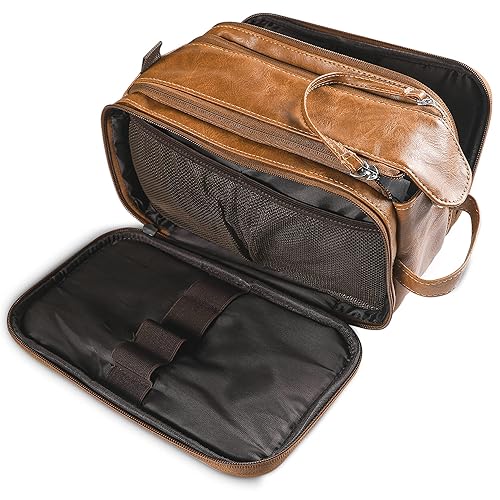 Neceser de aseo para hombre kit grande de Dopp con doble cremallera bolsa de afeitar de cuero sintético bolsa de cosméticos accesorios de aseo para