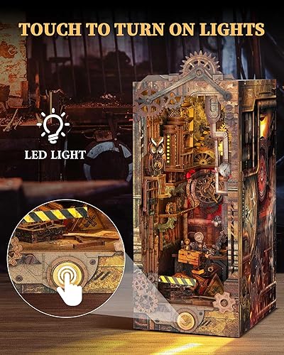 Miniatura 9 de RONSTONE Kit de rincón de libros de bricolaje, kit de casa de muñecas de Navidad en miniatura 3D rompecabezas de madera con luz LED, kits