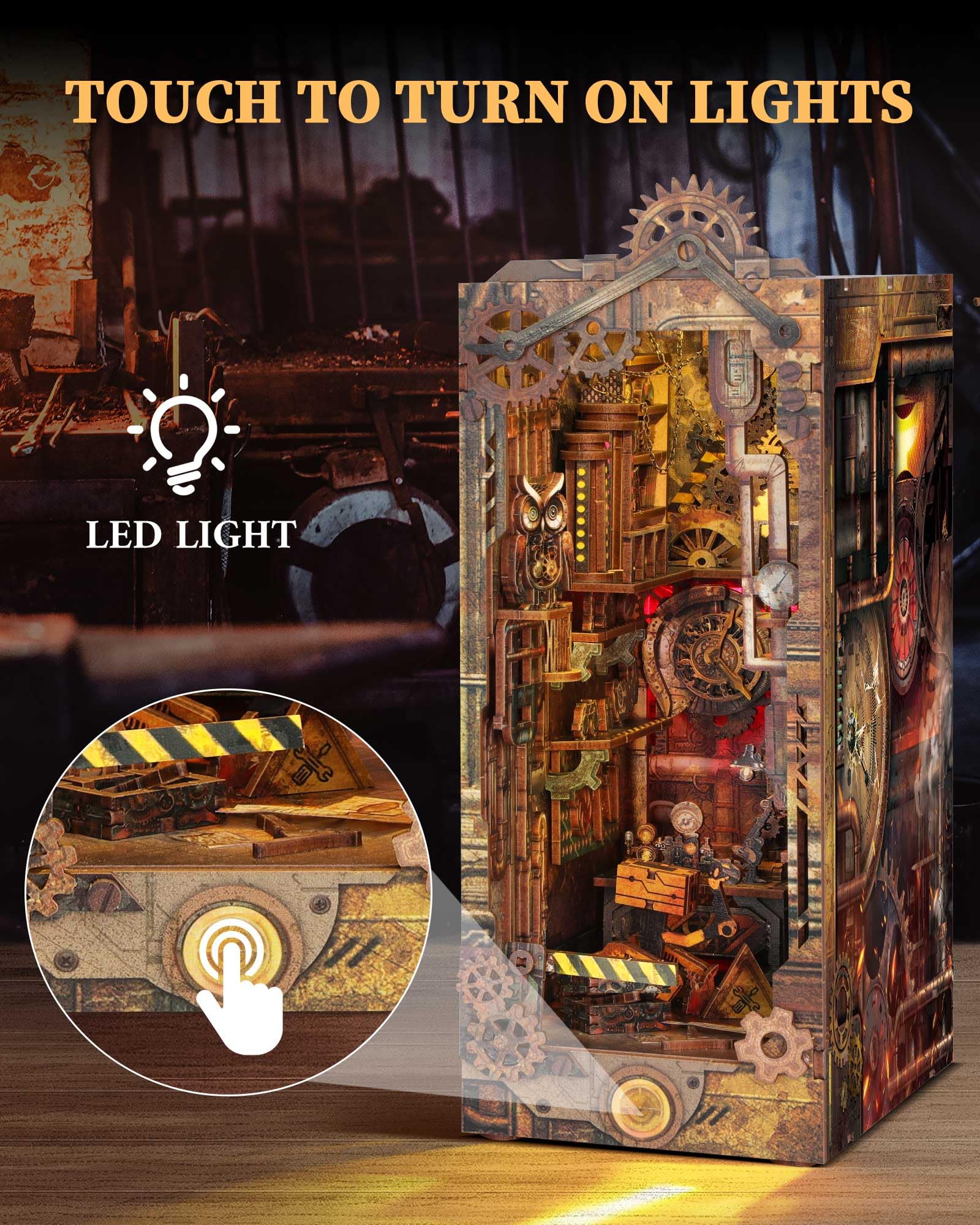 RONSTONE Book Nook - DIY Booknook Casa Delle Bambole in Miniatura con Coperchio Antipolvere - Inserto per Libreria con Luce a Led - Puzzle in Legno 3D STEAMPUNK Regalo per Adulti