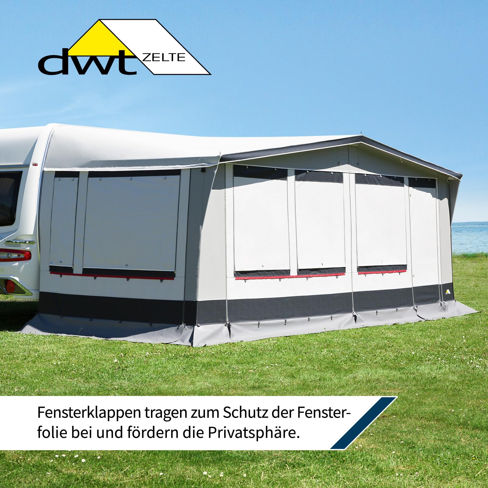 DWT Wohnwagen Vorzelt Paradies III mit 280 cm Tiefe, wetterfestes Polyestergewebe, UV-Schutz, Ganzjahreszelt mit 2-teiliger Vorderwand, Größe:Gr. 14 Umlaufmaß 941-970 cm