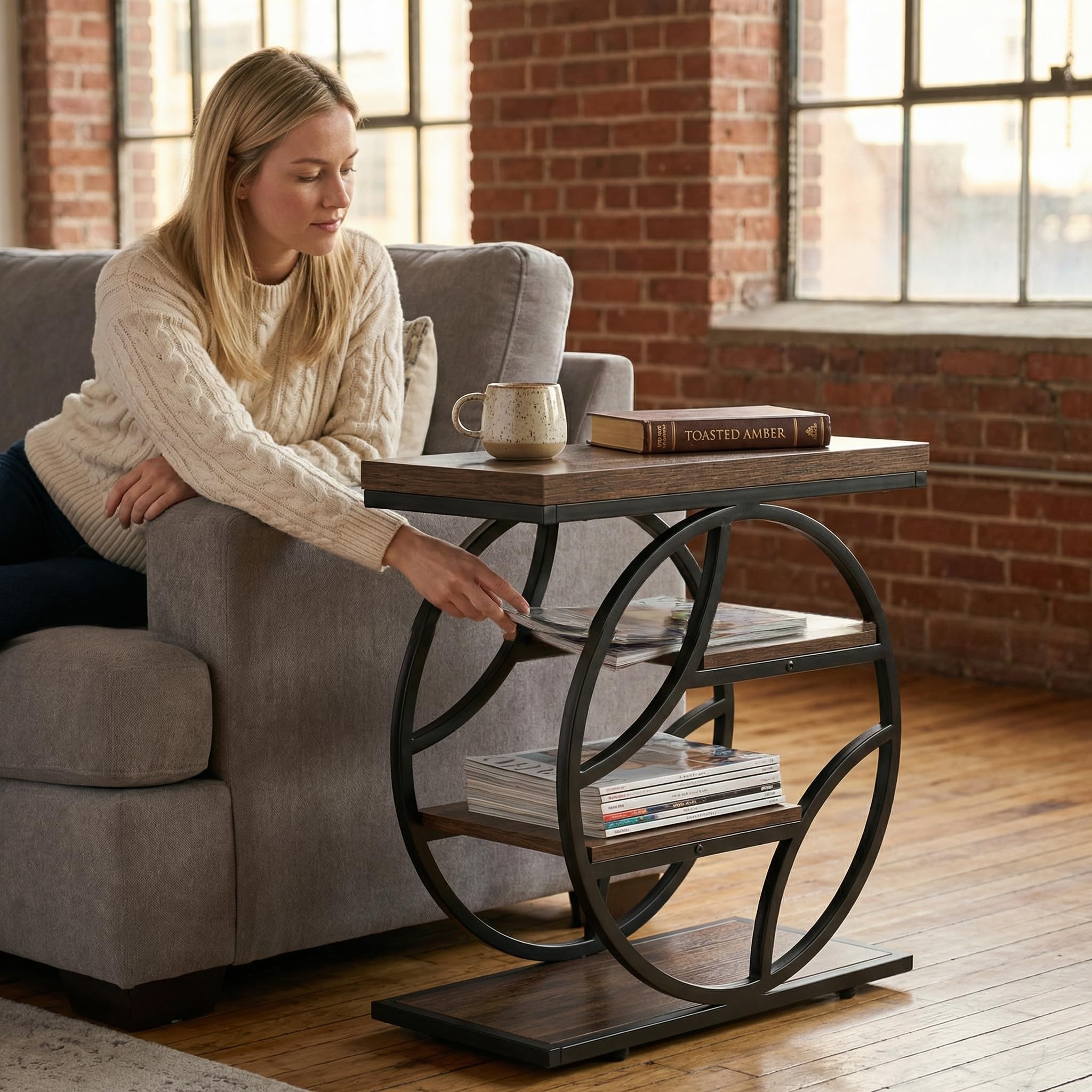 Tribesigns Side Table with 4-Tier Storage Shelf, 25-Inch Living Room Narrow End Table, Small Industrial Nightstand with Geometric Metal Frame, Accent Furniture for Bedroom Small Space, Brown