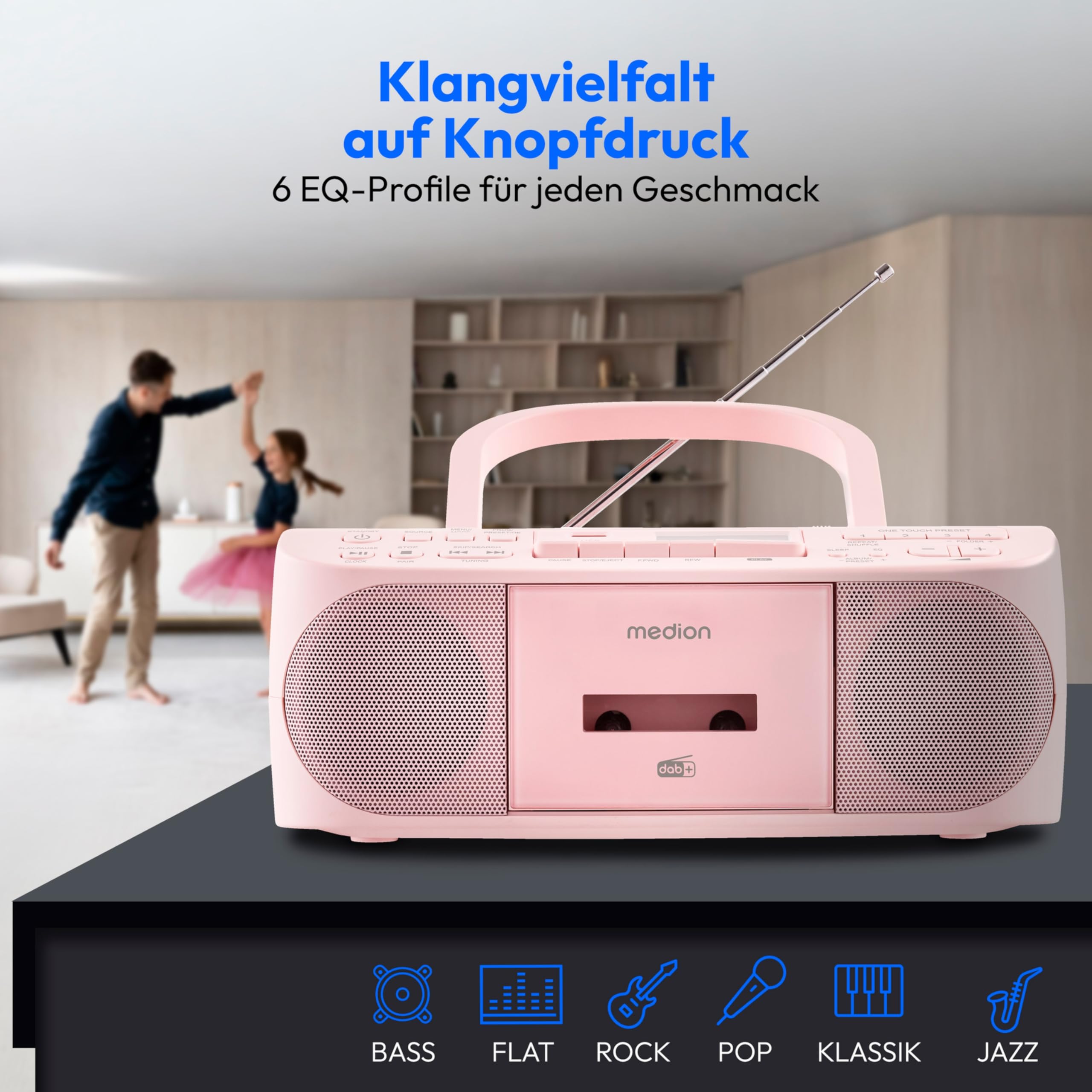MEDION DRX-1 Plus Boombox (przenośne radio DAB+ FM, Bluetooth, odtwarzacz CD, MP3, kaseta, gniazdo słuchawkowe, system stereo Sound, AUX, sieć i bateria) różowy