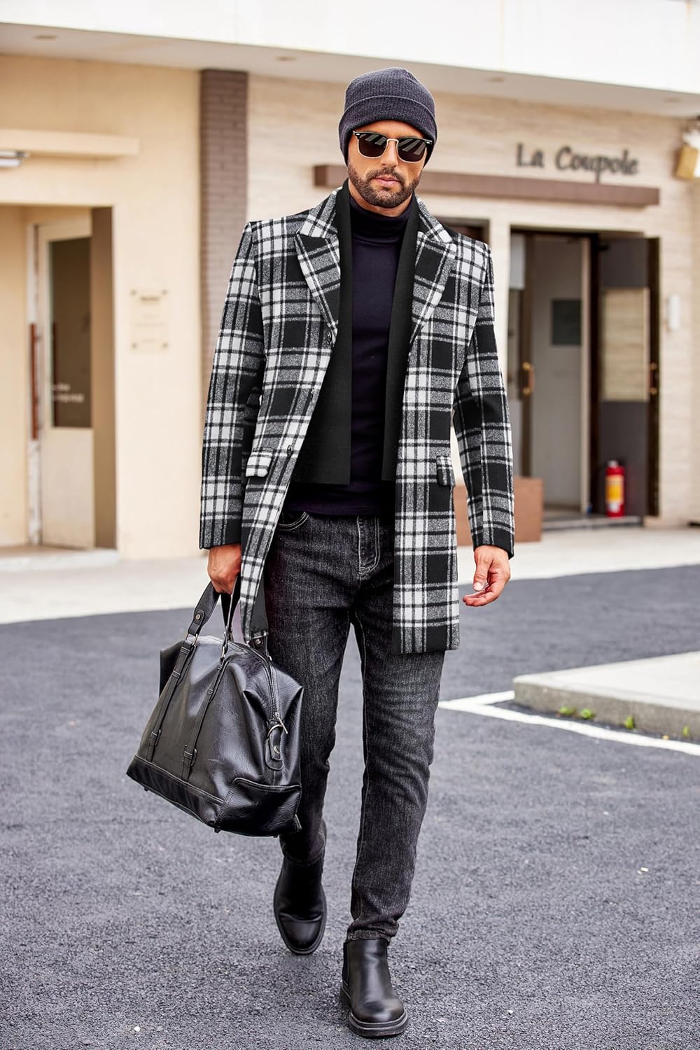 COOFANDY Men's Wool Blend Coat with Detachable Plaid Scarfs Notched Collar Single Breasted Pea Coat Trench Overcoat - Image 2