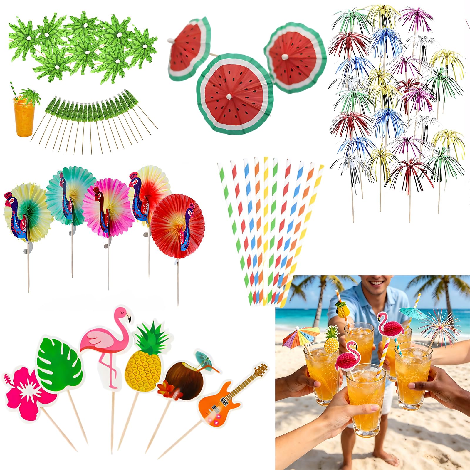 Cocktail Accessories 120 Pcs Cocktail Straws Set with Cocktail Umbrellas Flamingo Pineapple Sparkler Sticks – Tropical Party Decorations for Beach Birthday Summer Party