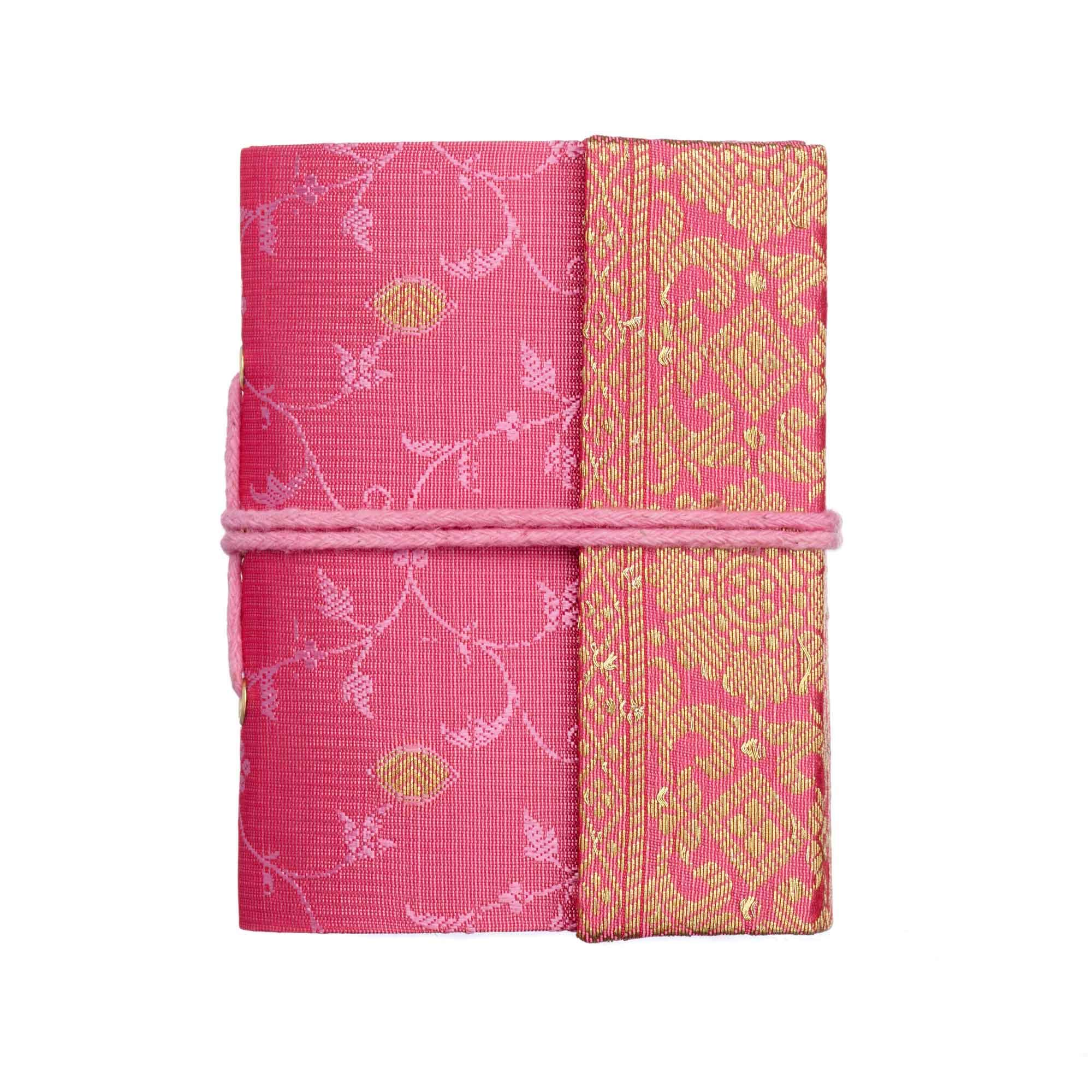 Sari Notebook Mini 8cm x 10.5cm - Pink - Unlined Recycled Paper - Elastic Closure - Pocket Notebook and Diary - Indian Stationery Gift - for Men Women Students