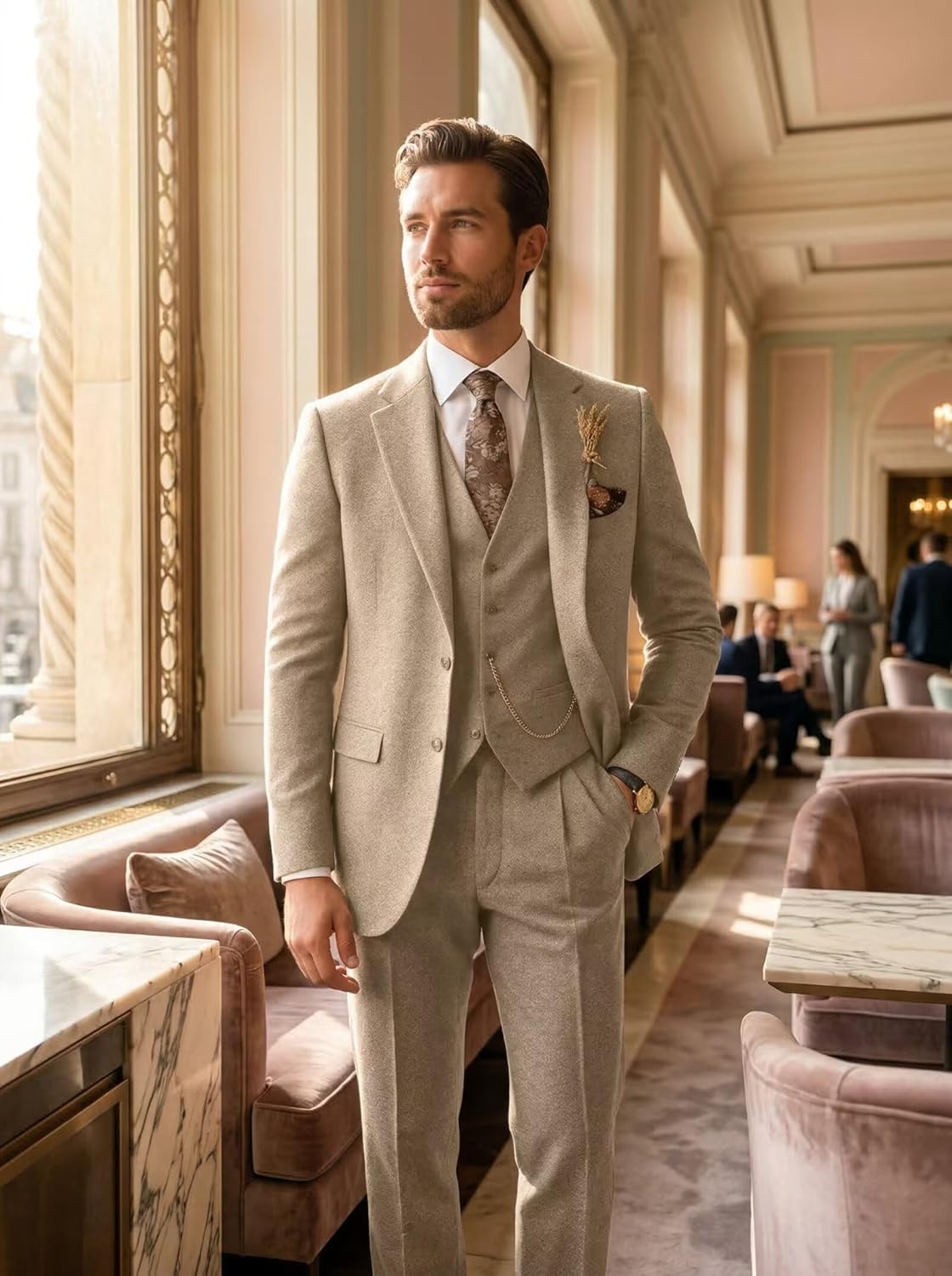 Men's 3 Piece Tweed Suit Retro Herringbone Lapel Blazer Vest Pants Set for Wedding Business