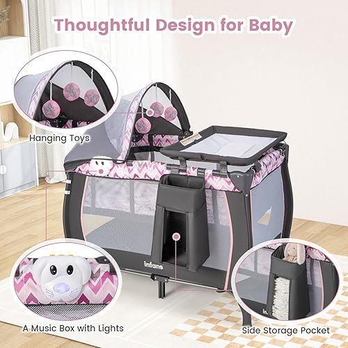 Miniatura 3 de INFANS 4 en 1 Pack and Play, corralito portátil de viaje para bebé con moisés, mesa para cambiar, toldo, mosquitera, juguetes colgantes, caja de