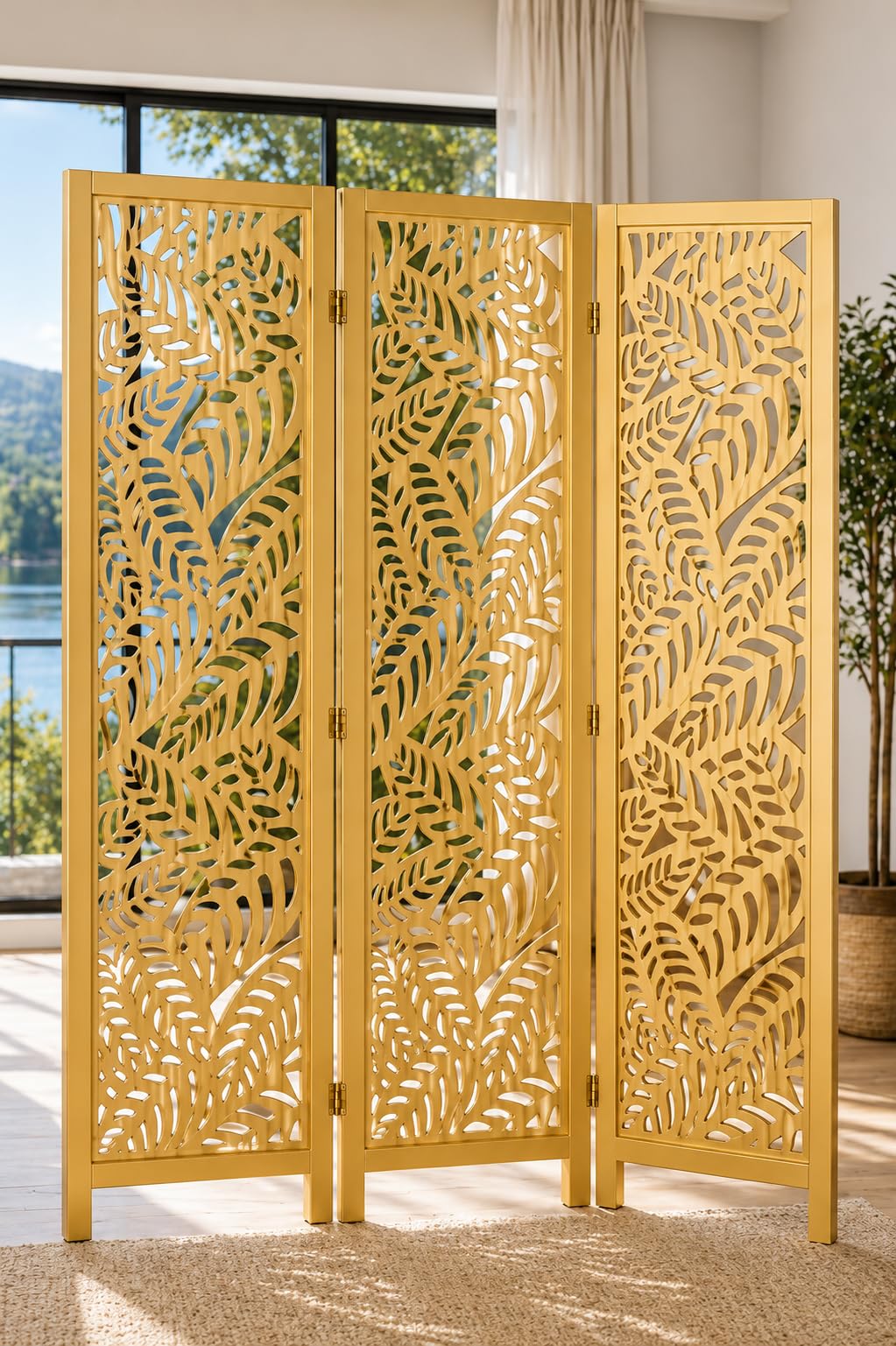 Wooden Room Partition Tropical Leaf Pattern Wooden Room Divider for Bedroom, House, Living Room,Office, Kitchen, Restaurant, Pooja Room and Balcony (6 Feet 3 Panel Golden)-image-36