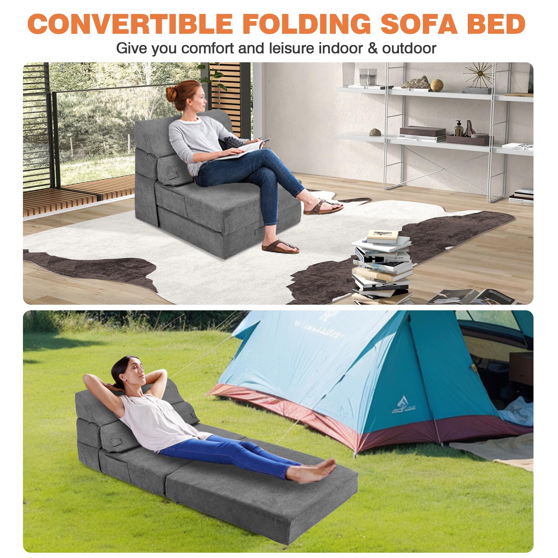 Cómodo sofá cama plegable – Sofá cama convertible gris plegable para sala de estar, dormitorio, invitados, silla plegable de suelo, colchón tumbona con respaldo para viajes, camping 6