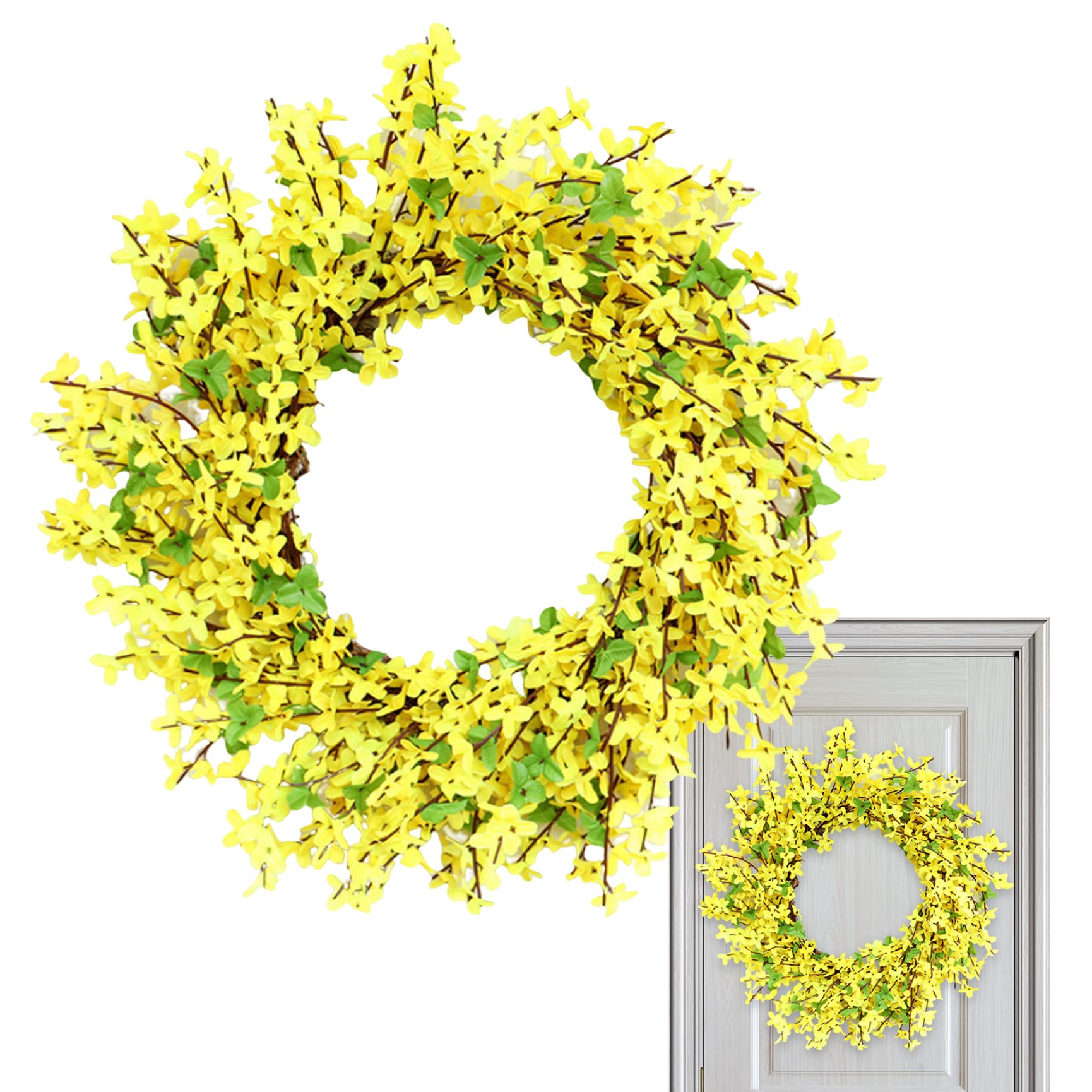 Couronnes de Printemps et d'été Jaunes, Couronne de forsythia Jaune, Couronne Porte Artificielle à Suspendre au Printemps et à l'été pour décoration Porche Porte d'entrée 50 cm